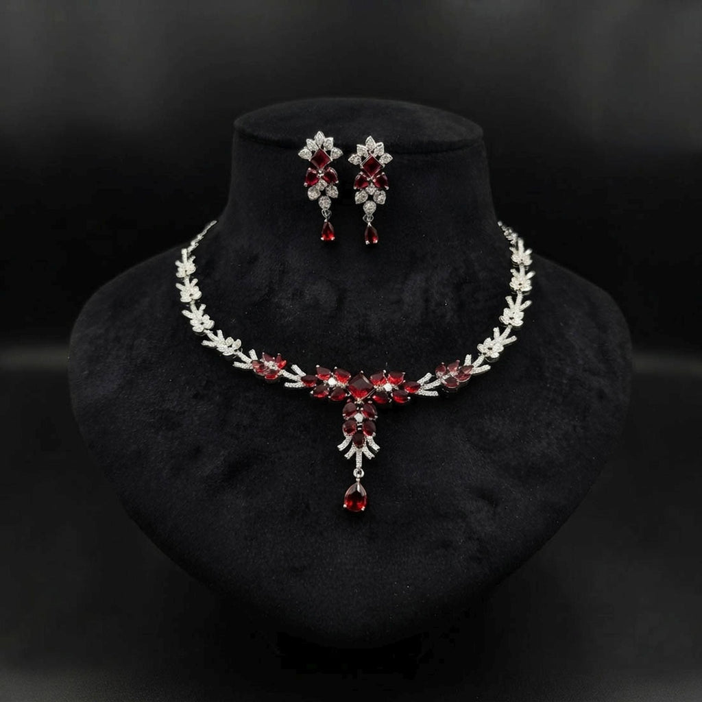 Red Color American Diamond Necklace Set Designer Appeal