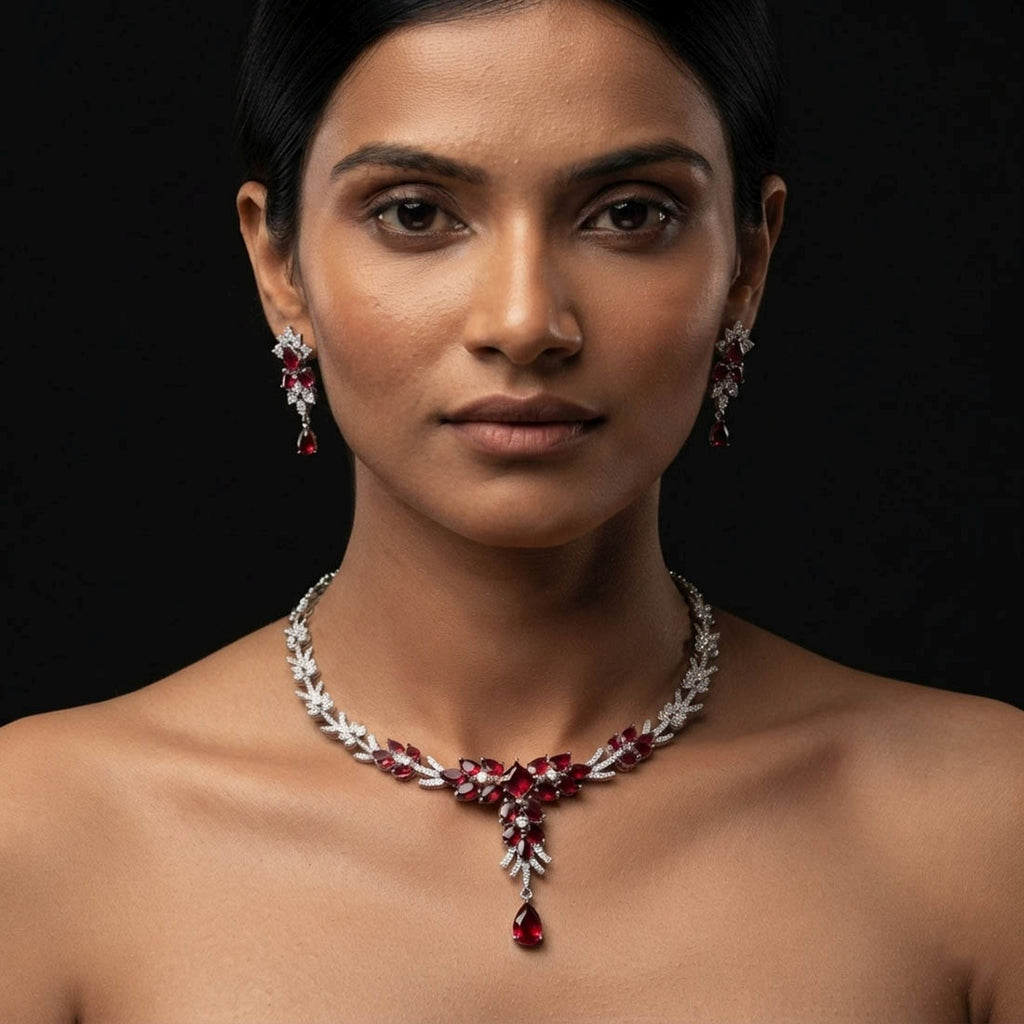 Red Color American Diamond Necklace Set Designer Appeal