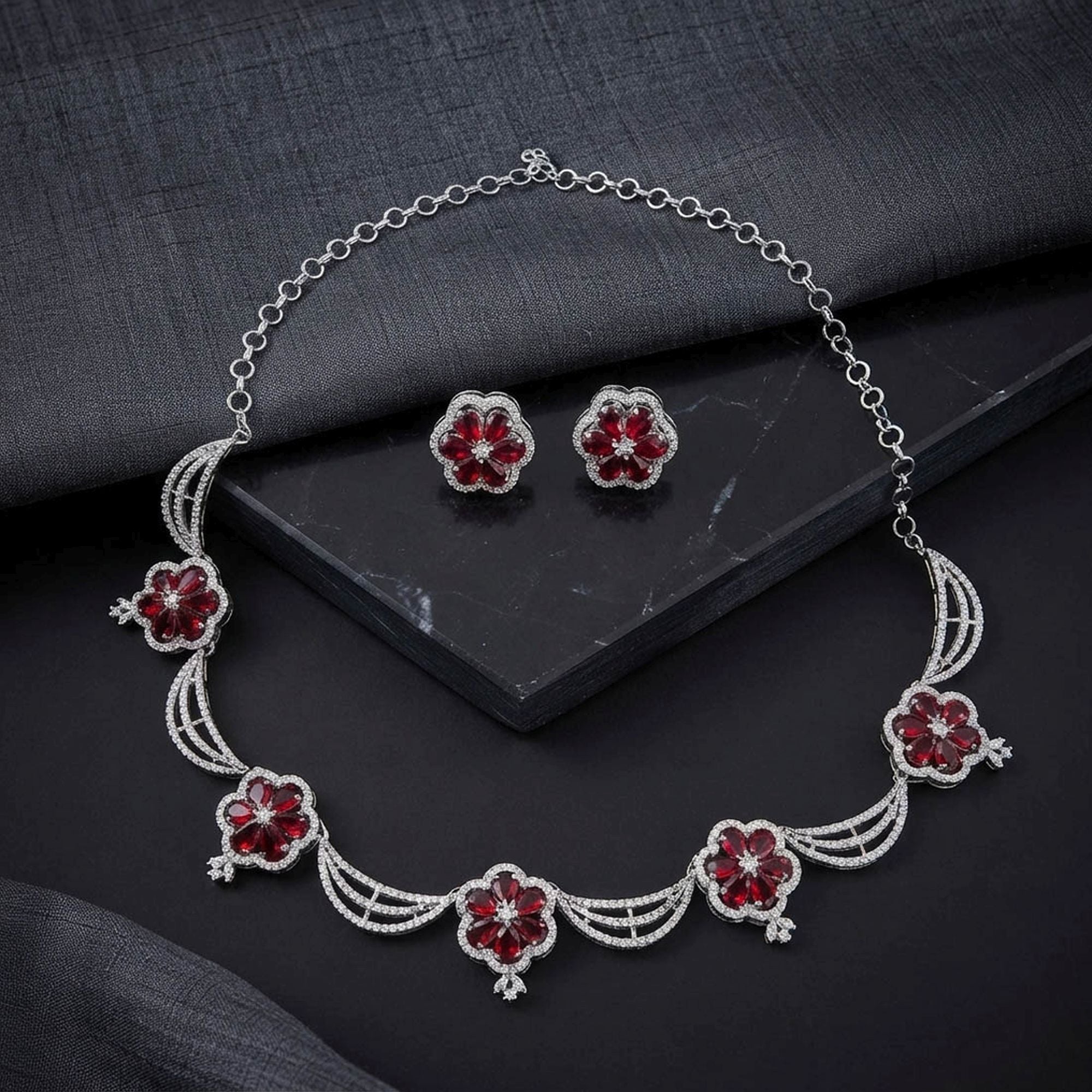 Red Color American Diamond Necklace Set Royal Style