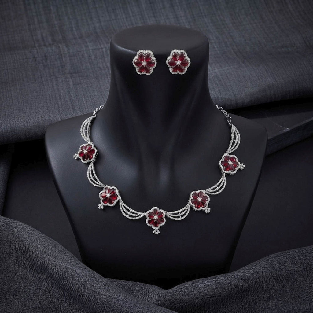 Red Color American Diamond Necklace Set Royal Style