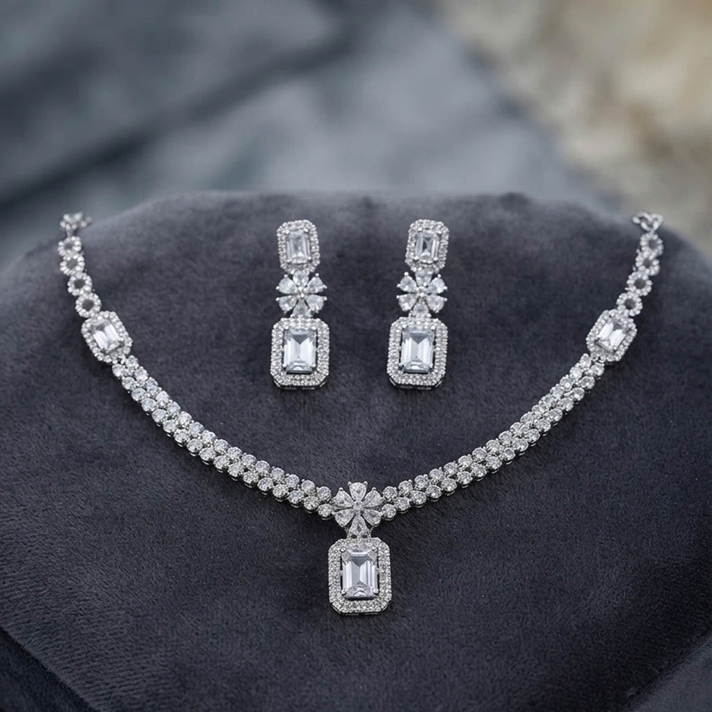 White Color American Diamond Necklace Set for Women