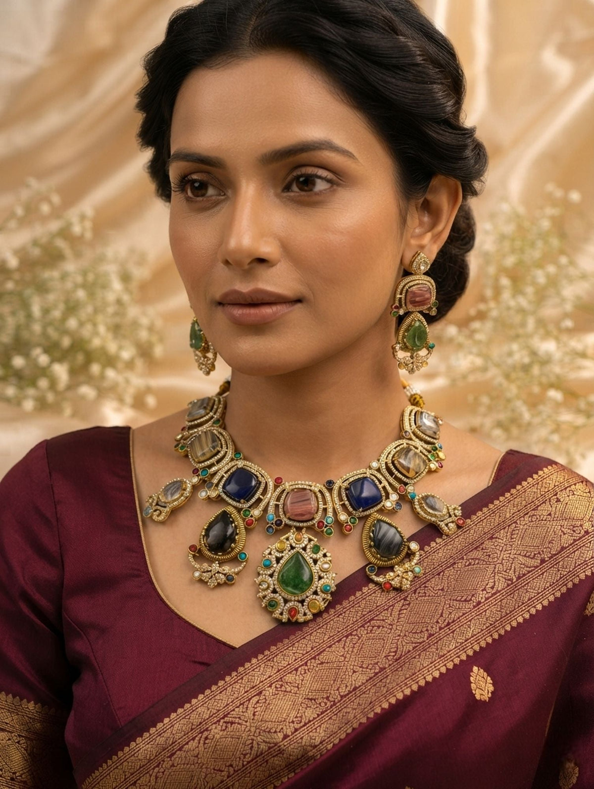 Multi Color Sabyasachi Inspired AD & Russian Stone Necklace Set Royal Style