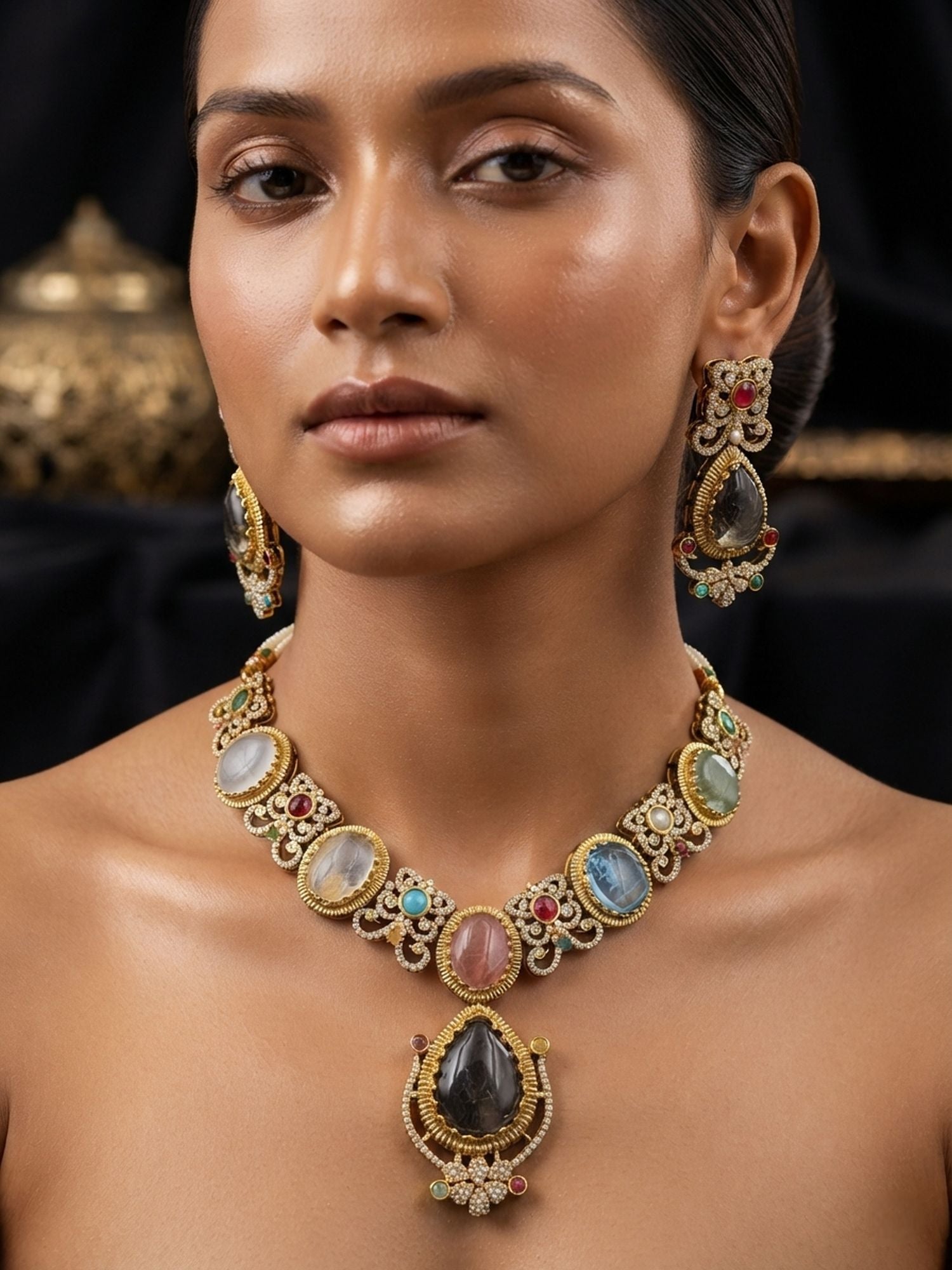 Multi Color Sabyasachi Inspired AD & Russian Stone Necklace Set