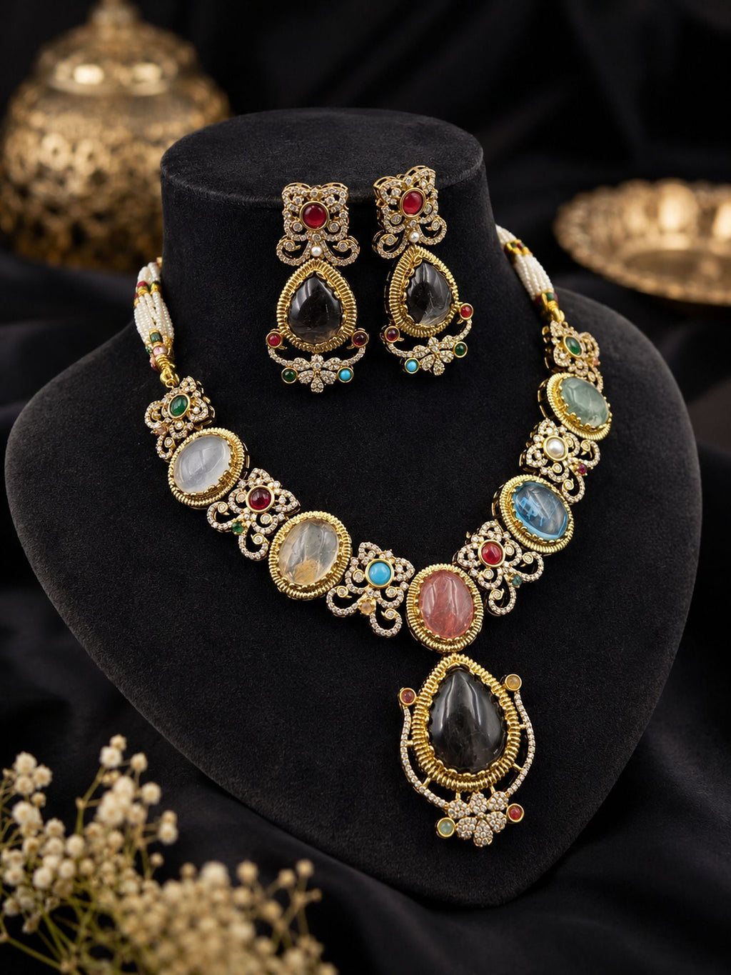 Multi Color Sabyasachi Inspired AD & Russian Stone Necklace Set