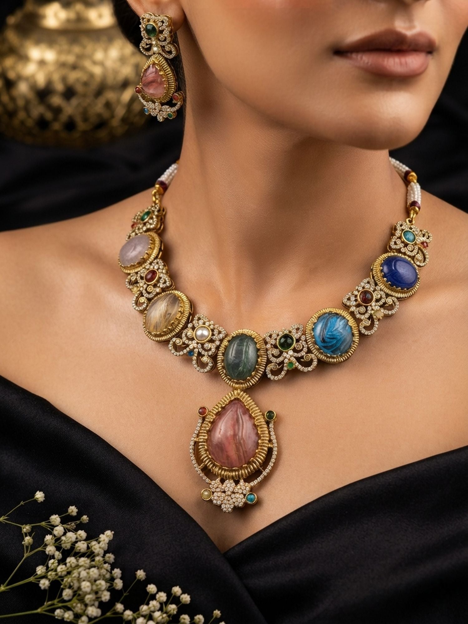 Multi Color Sabyasachi Inspired AD & Russian Stone Necklace Set