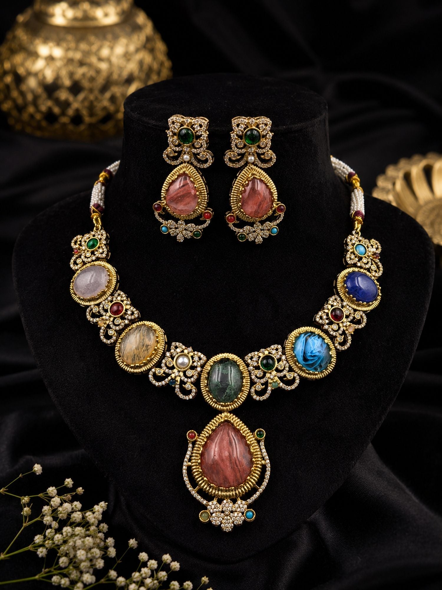 Multi Color Sabyasachi Inspired AD & Russian Stone Necklace Set