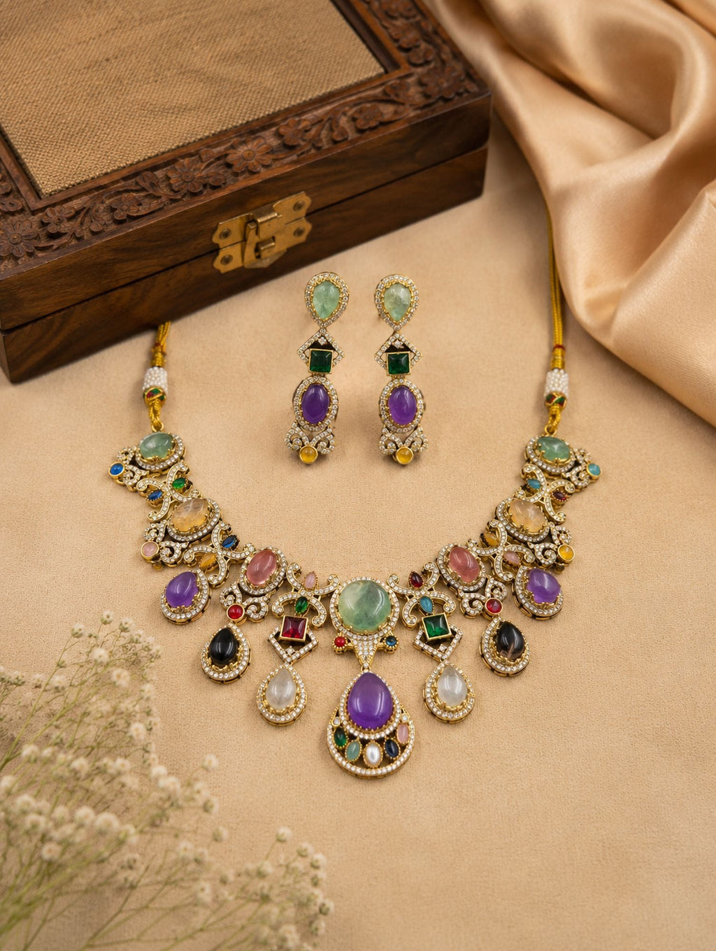 Multi Color Sabyasachi Inspired AD & Russian Stone Necklace Set