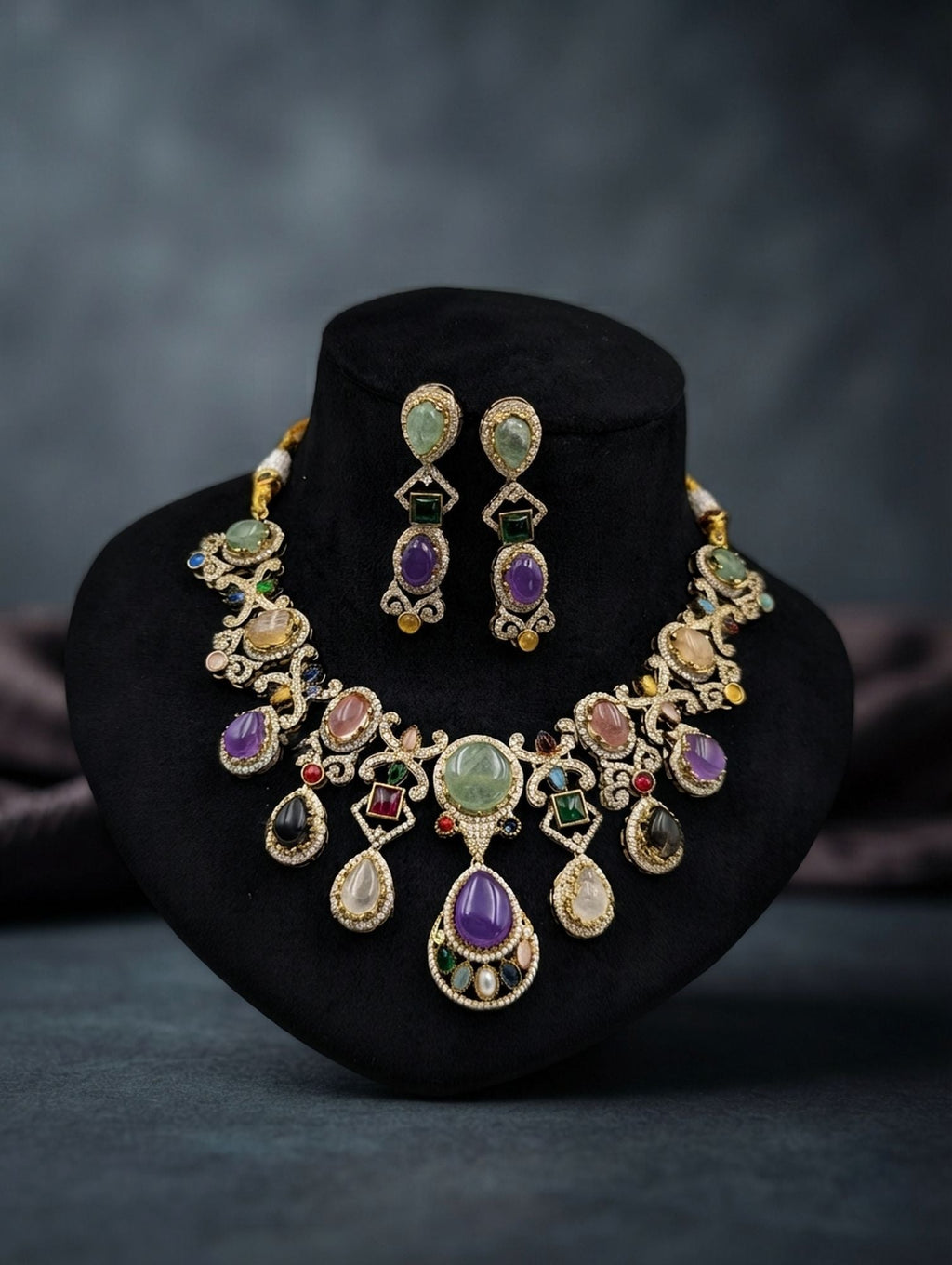 Multi Color Sabyasachi Inspired AD & Russian Stone Necklace Set