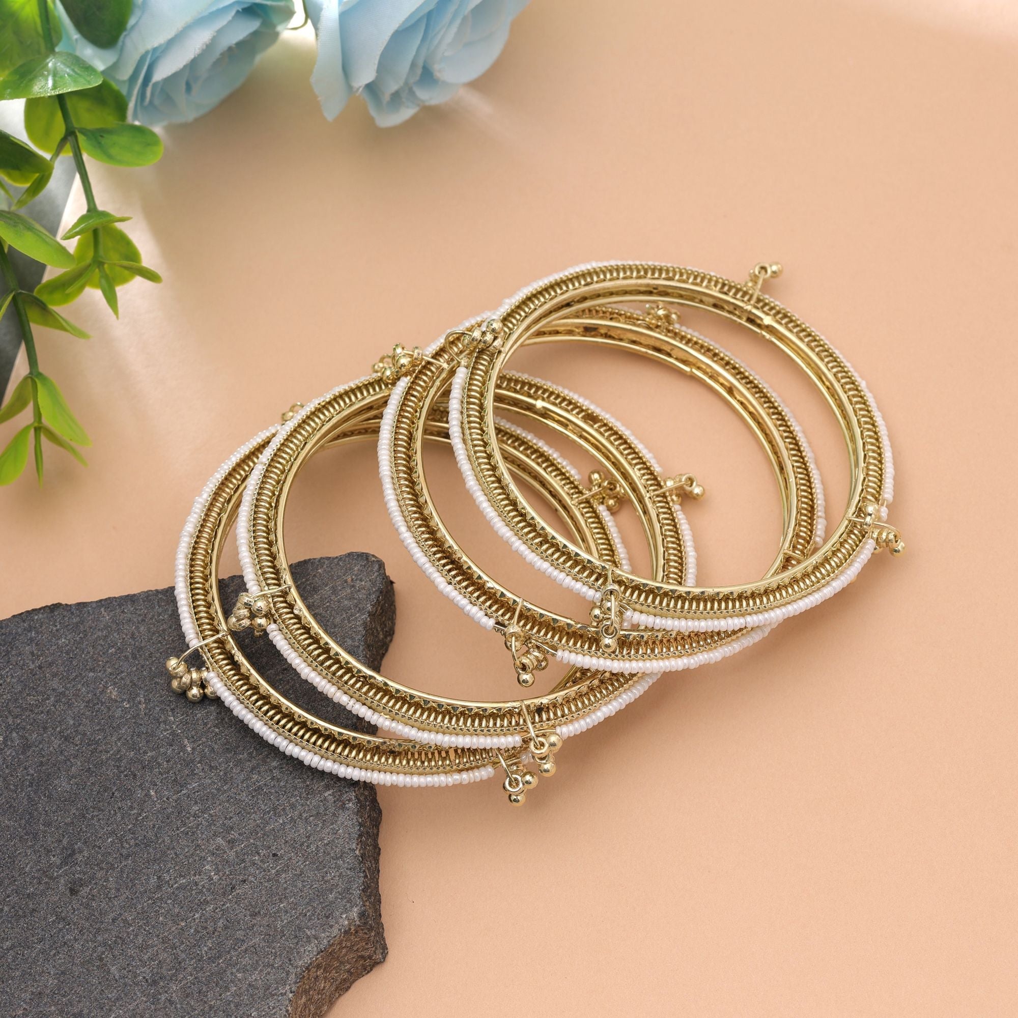 Gold & White Color Kashmiri Bangle Set Festive Design