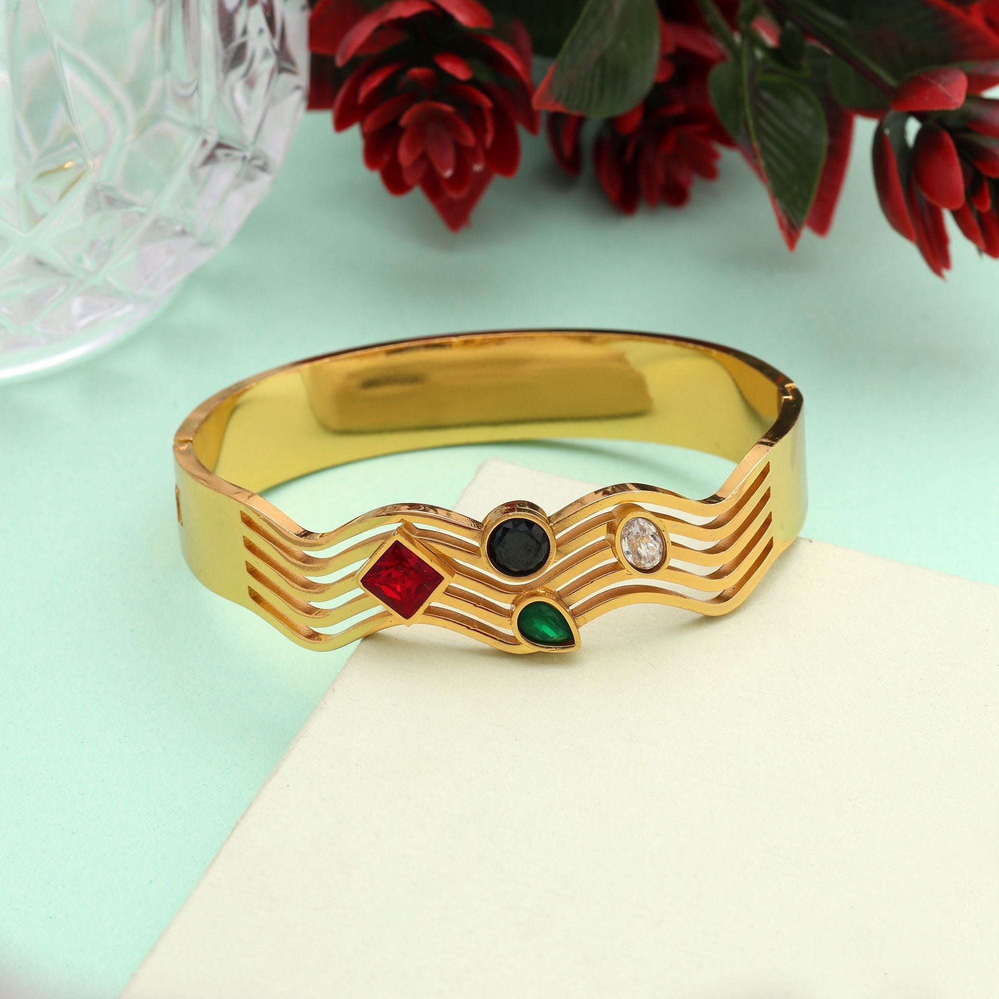 Stylish Multi Color Openable American Diamond Bracelet With Sparkling Finish For Parties