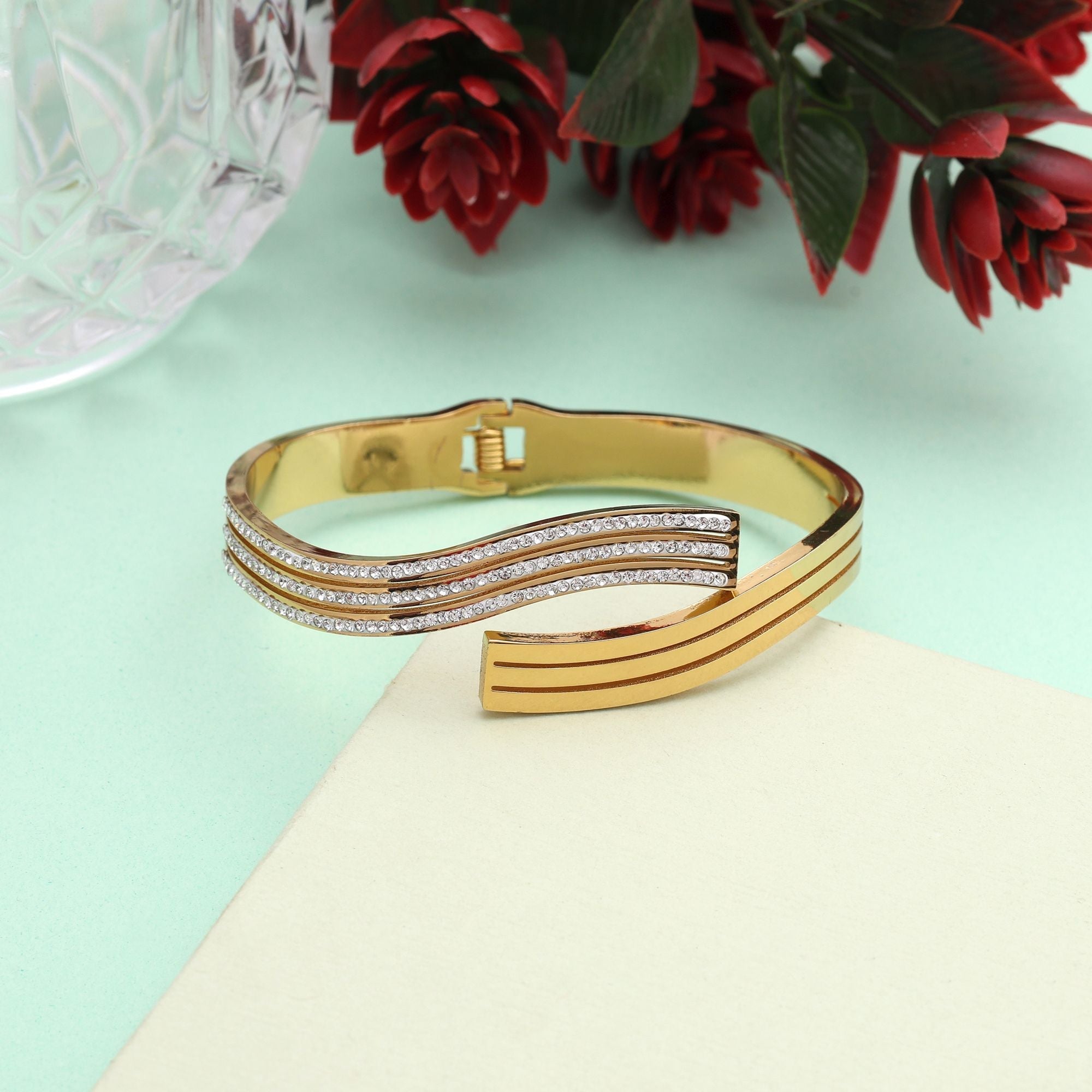 Elegant Gold Color Openable American Diamond Bracelet With Premium Shine For Brides