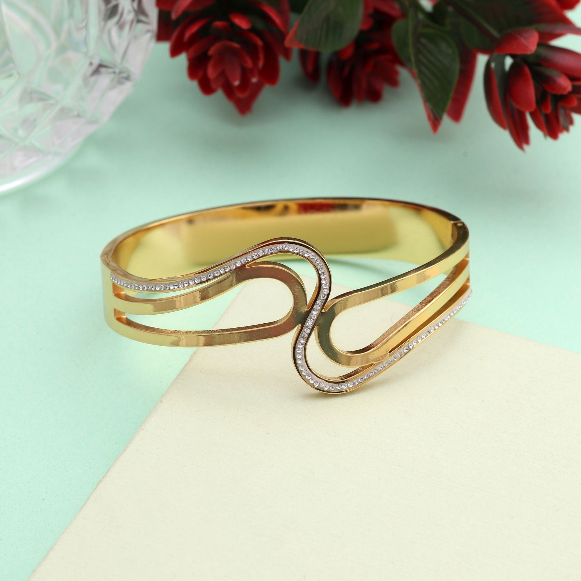 Stunning Gold Color Openable American Diamond Bracelet With Stone Detailing For Festive Wear