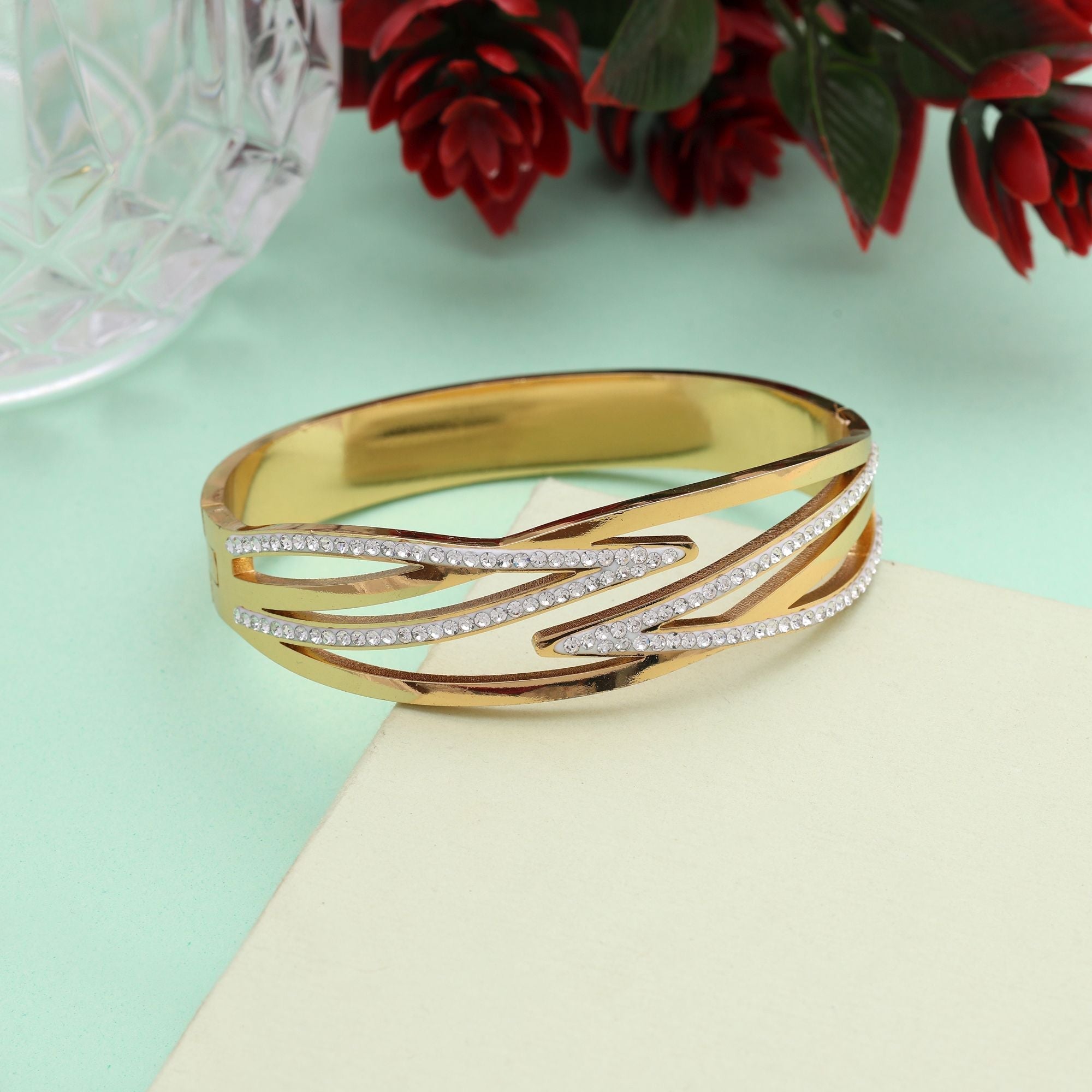Classic Gold Color Openable American Diamond Bracelet With Durable Plating For Everyday Use