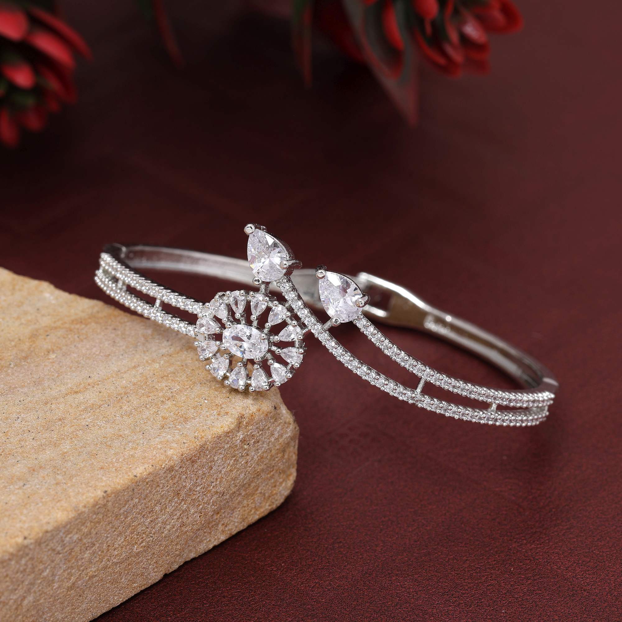 Silver Color Stylish Openable American Diamond Bracelet For Women’S Fashion Jewelry Collection