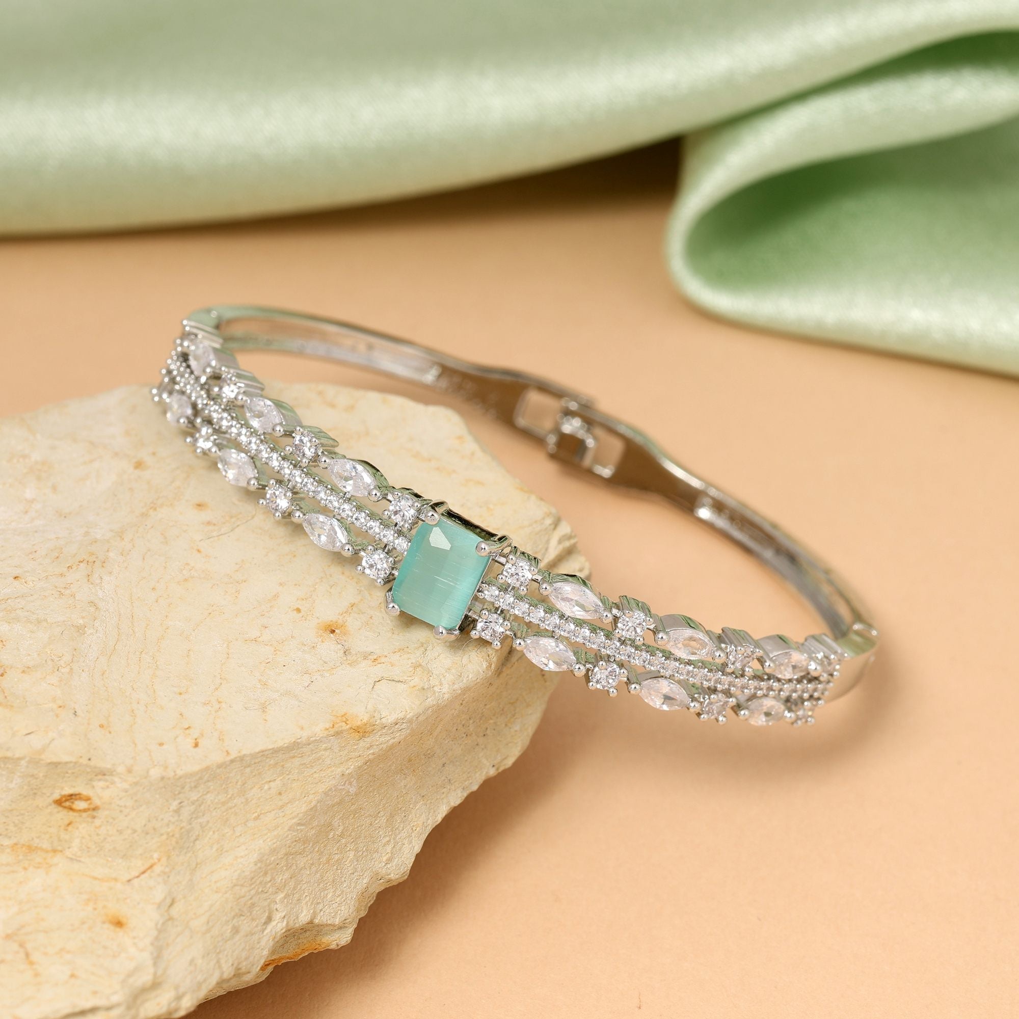 Pista Green Color Premium Openable American Diamond Bracelet For Festive And Bridal Outfits