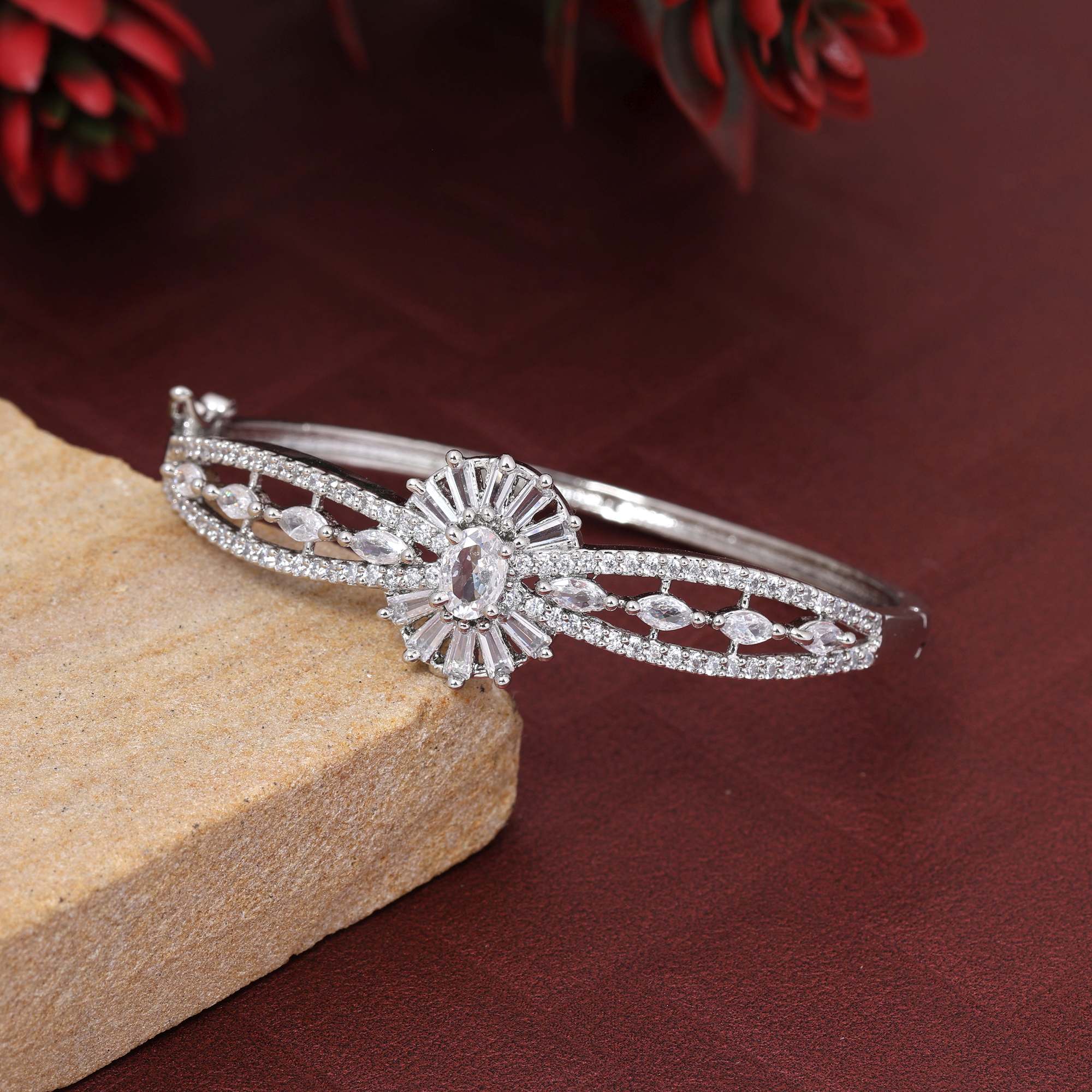 Silver Color Classic Openable American Diamond Bracelet For Brides And Daily Fashion