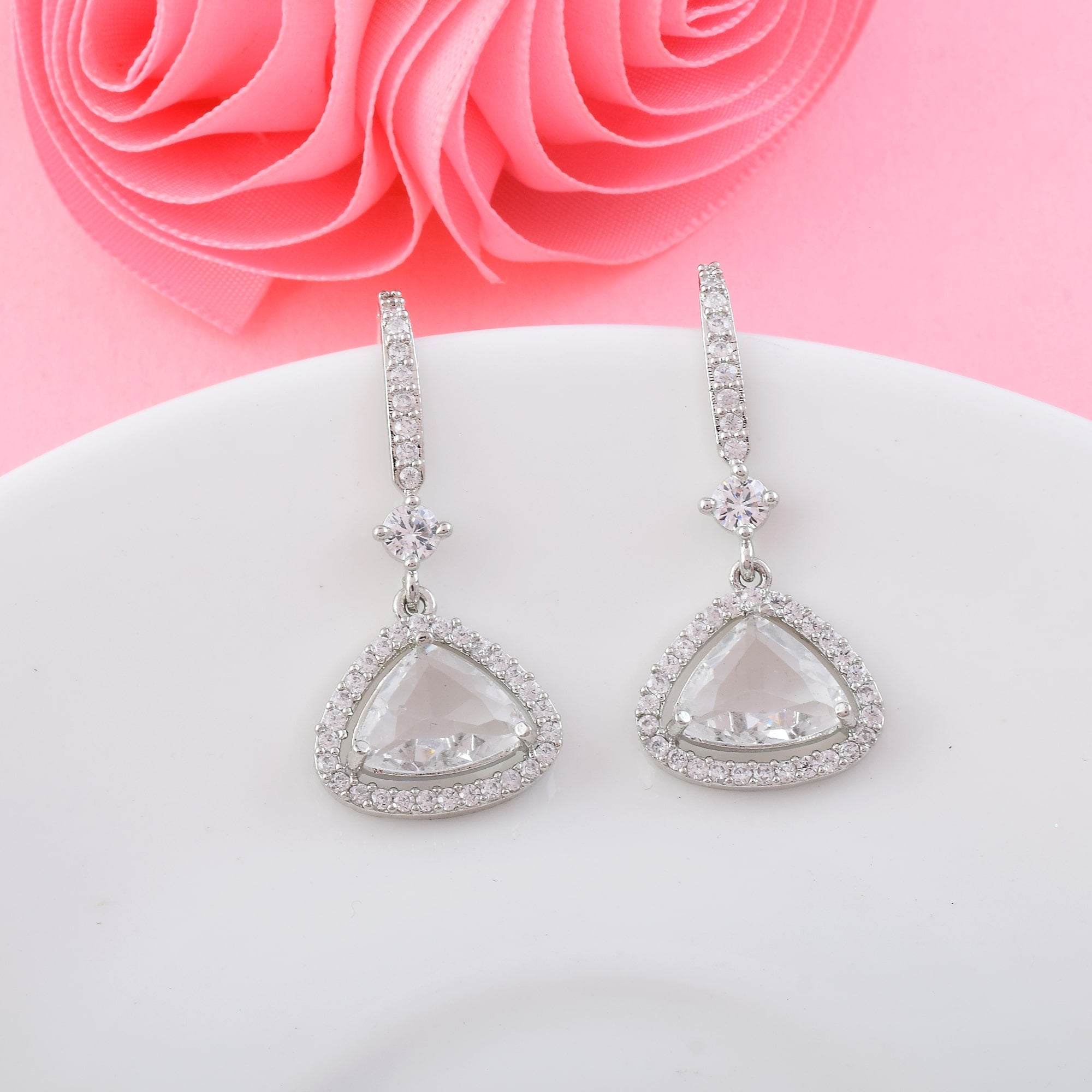 Silver Color American Diamond Earrings With Classy Stud And Drop Design
