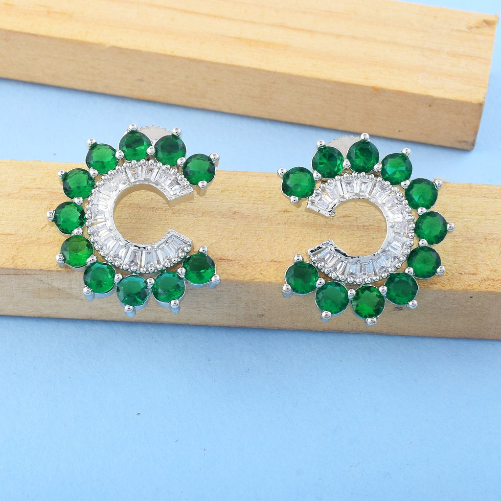 Green Color American Diamond Earrings In Traditional Festive Dangle Style