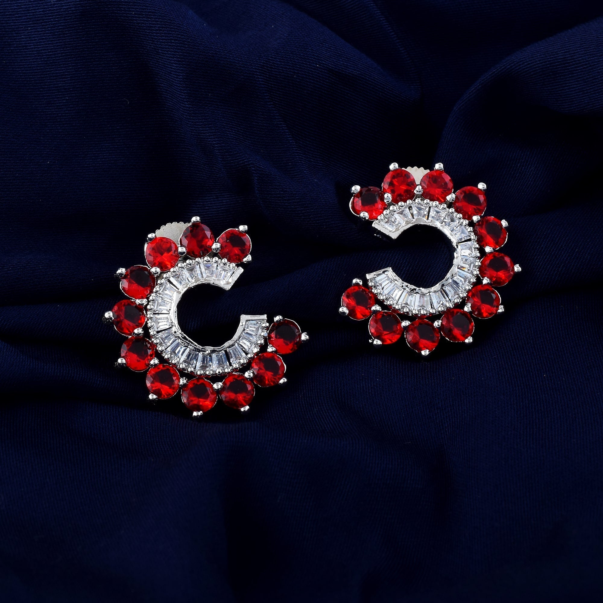 Red Color American Diamond Earrings In Royal Heart Pendant Inspired Design