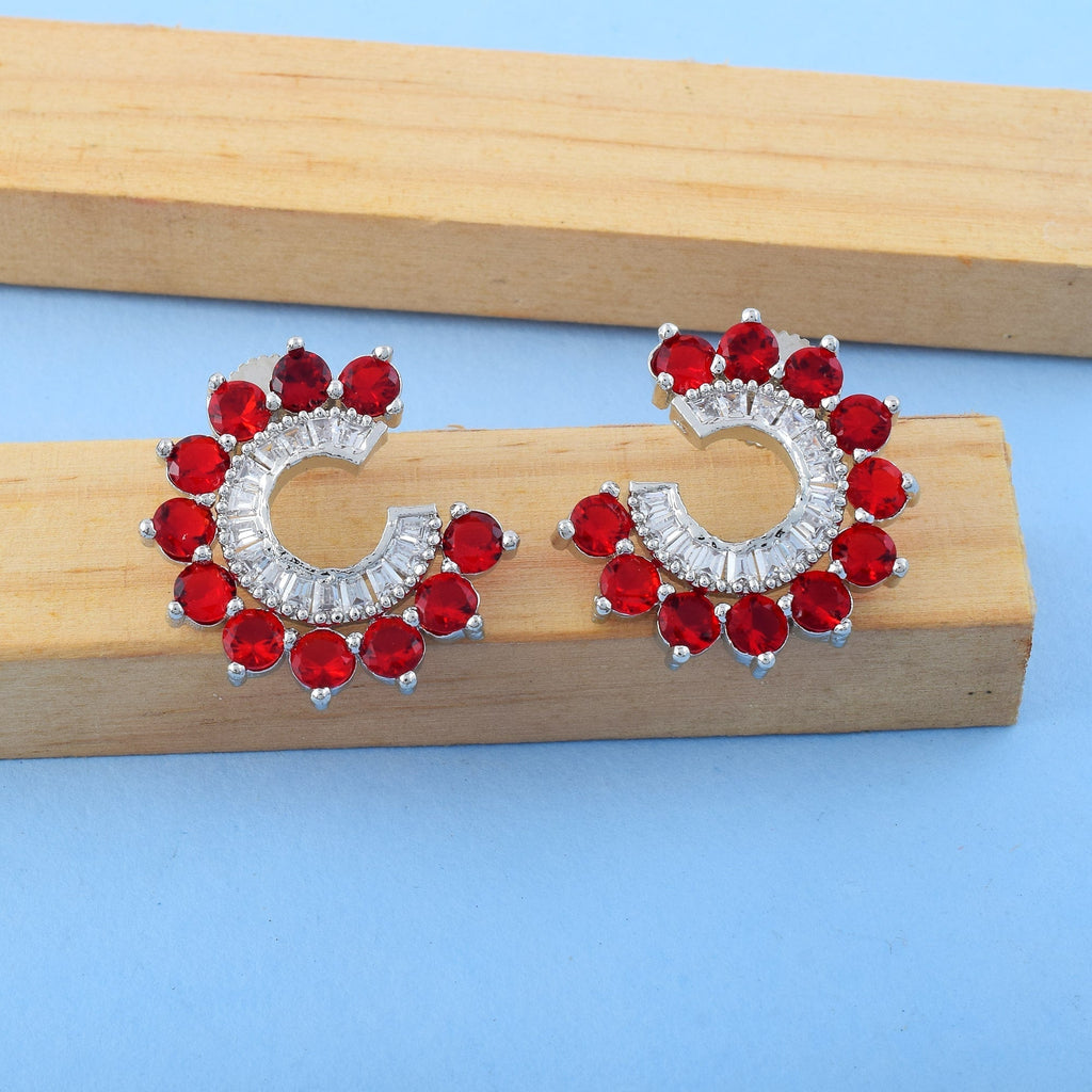 Red Color American Diamond Earrings In Royal Heart Pendant Inspired Design