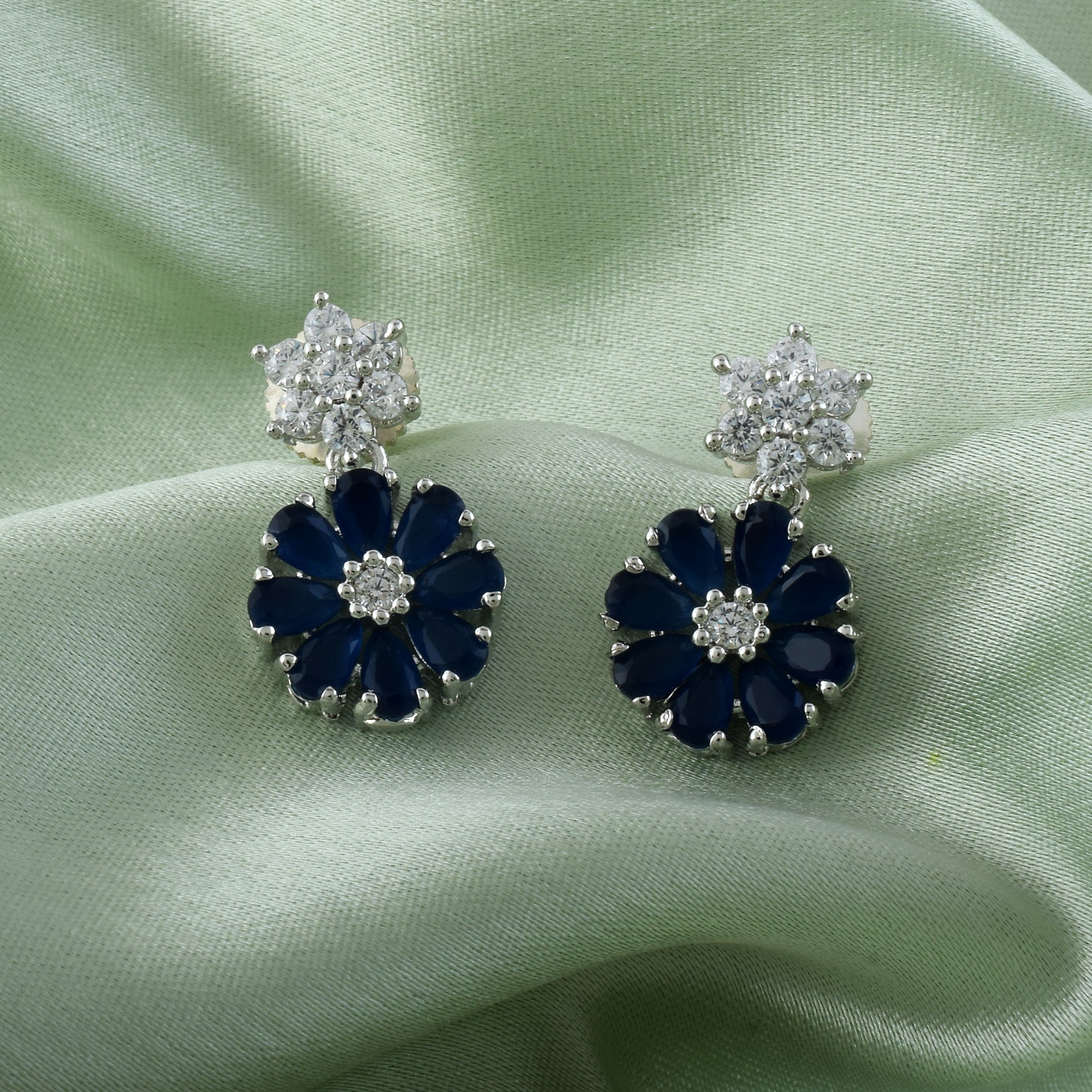 Blue Color American Diamond Earrings With Unique Peacock Feather Detailing