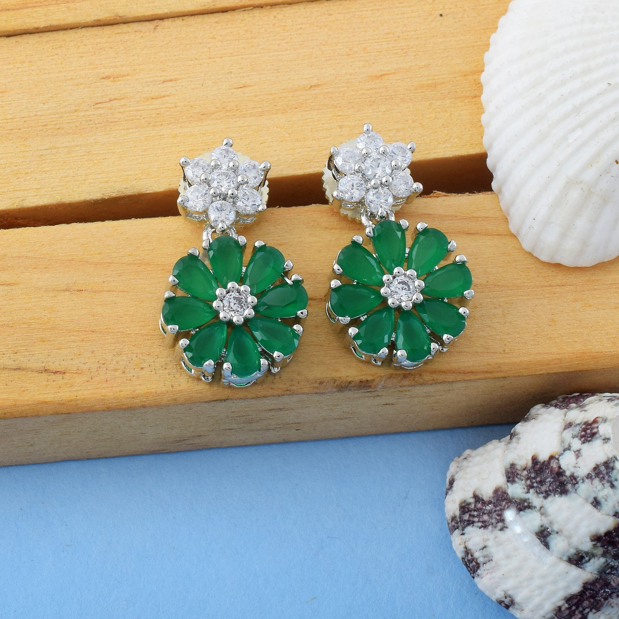 Green Color American Diamond Earrings For Casual And Festive Day Use