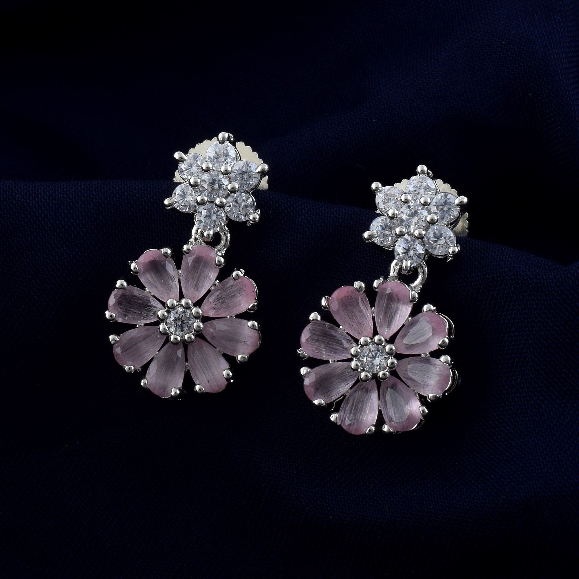 Pink Color American Diamond Earrings Featuring Dangling Petals And Crystal Finish