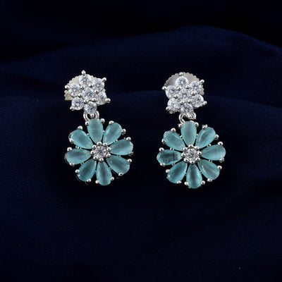 Rama Green Color American Diamond Earrings With Curved Leaf Drop Pattern