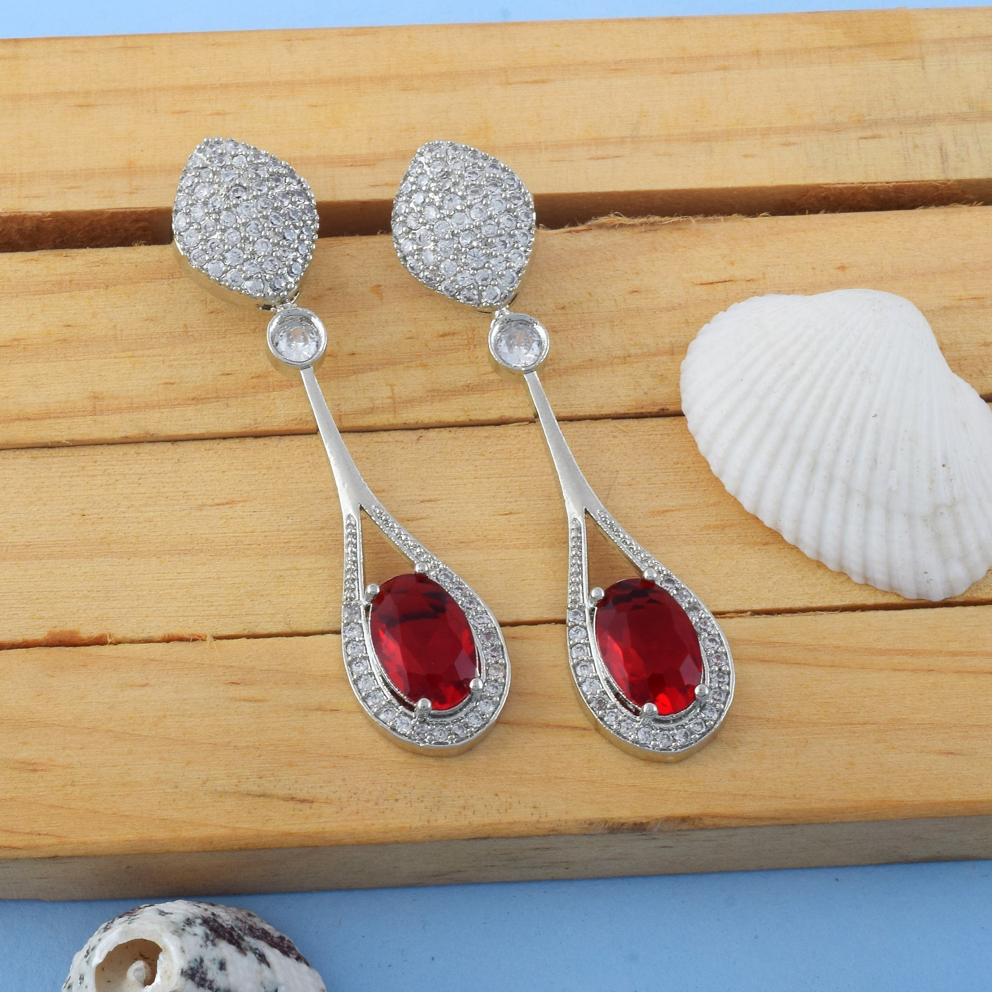 Red Color American Diamond Earrings With Traditional Leaf And Drop Charms