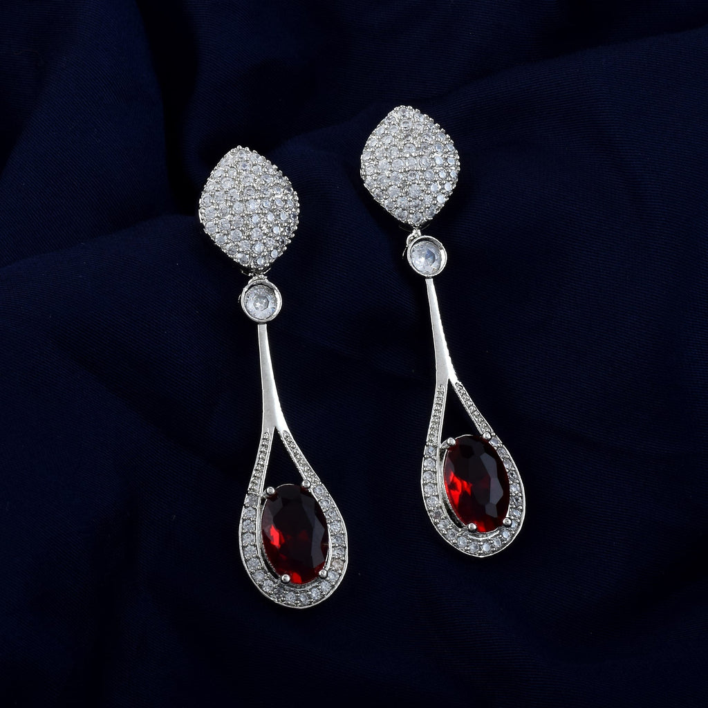 Red Color American Diamond Earrings With Traditional Leaf And Drop Charms