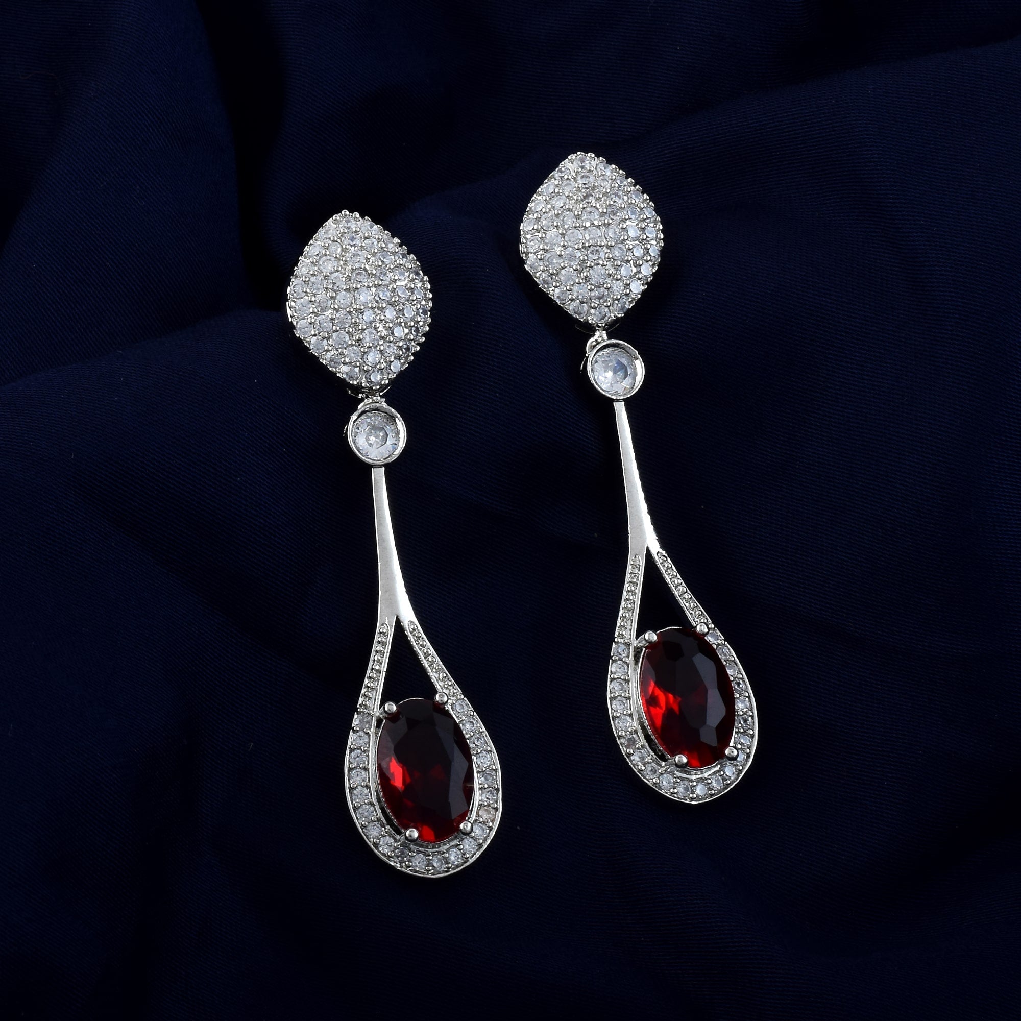 Red Color American Diamond Earrings With Traditional Leaf And Drop Charms