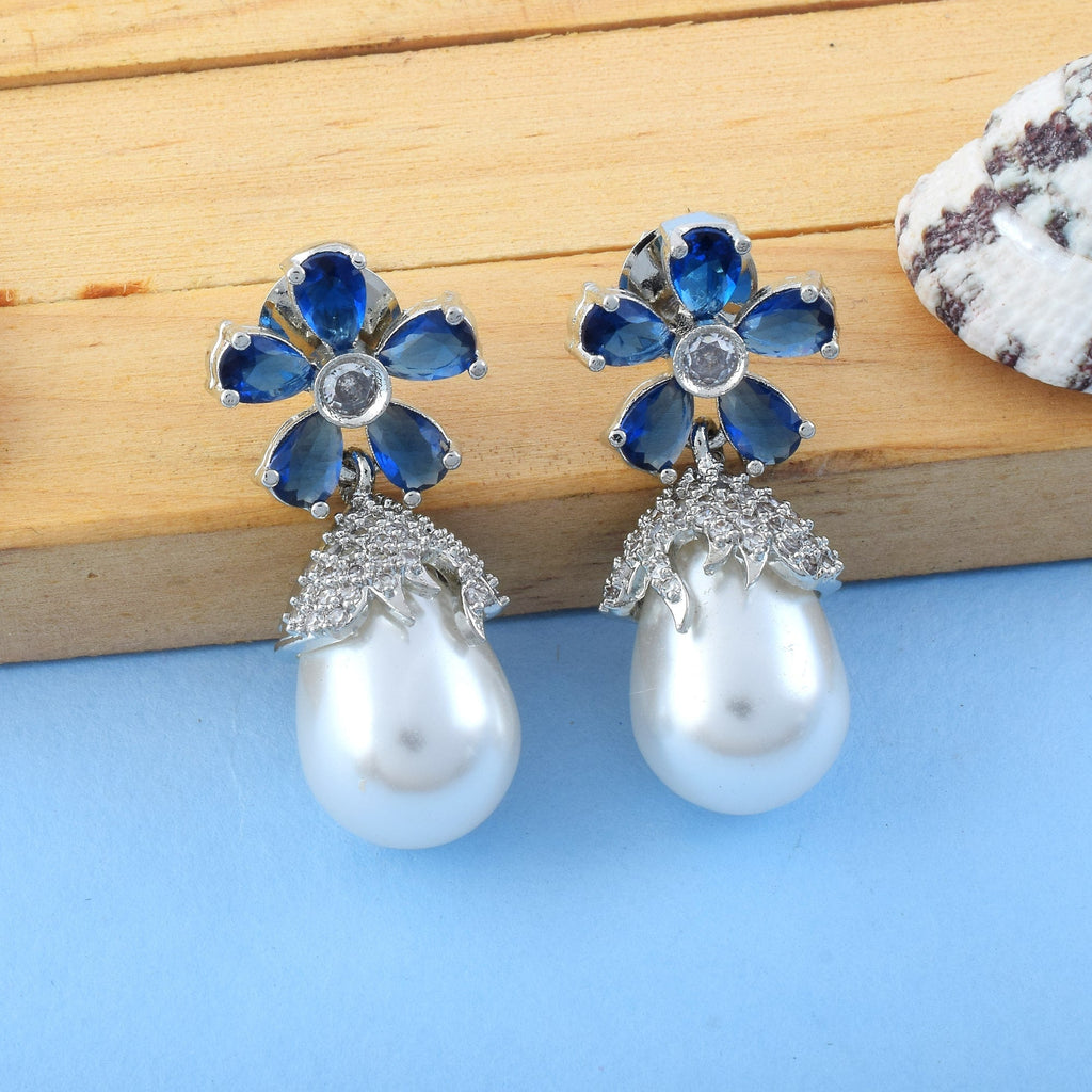Blue Color American Diamond Earrings Featuring Multi-Stone Cluster Design