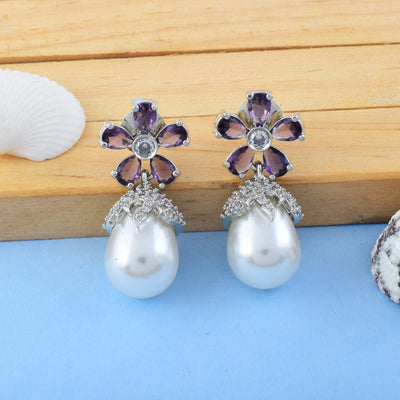 Light Purple Color American Diamond Earrings With Delicate Heart Stud Style