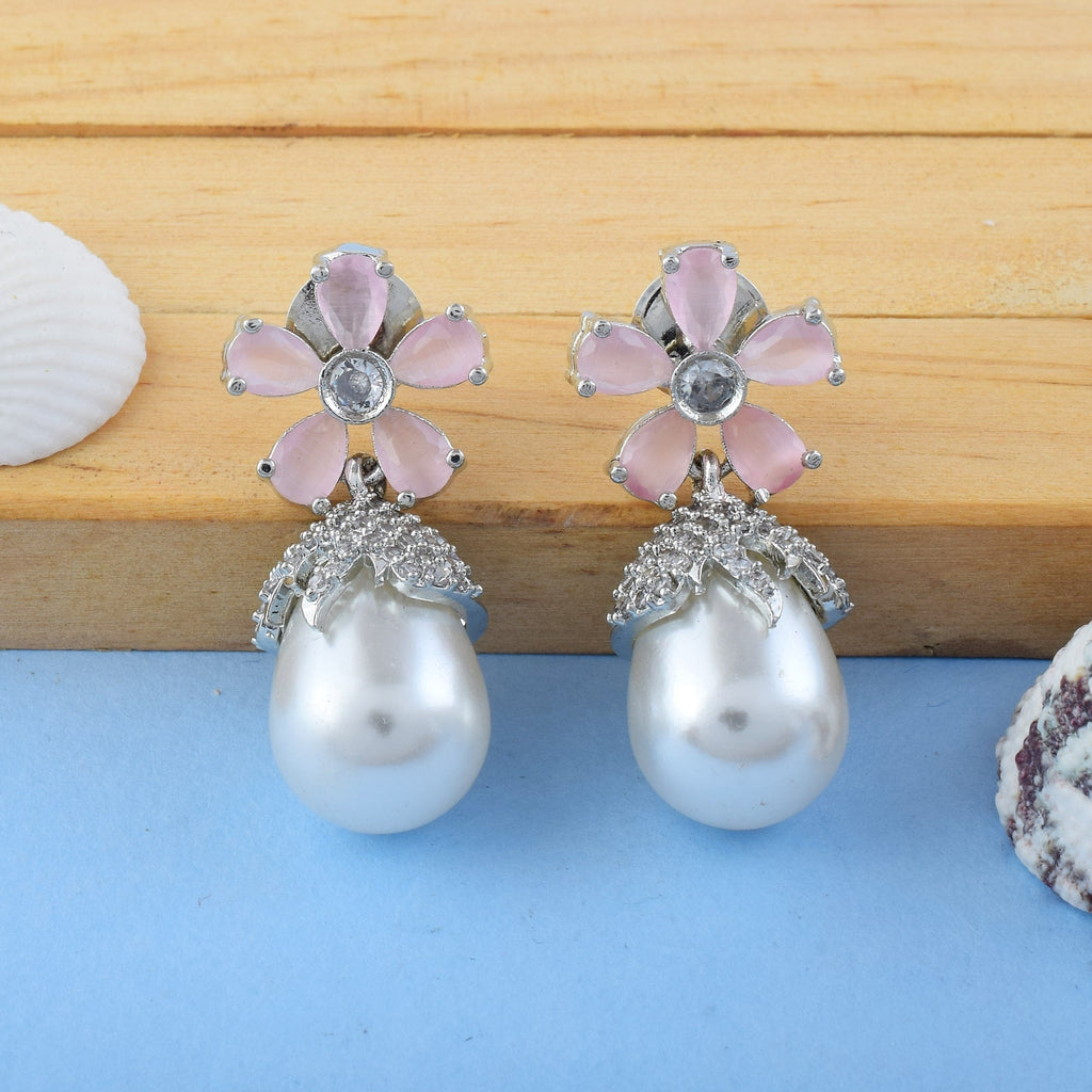 Pink Color American Diamond Earrings In Sparkling Multi-Crystal Dangling Look