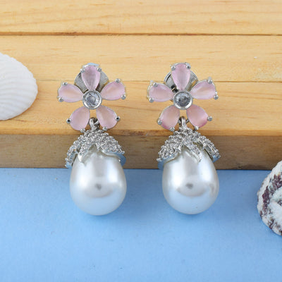 Pink Color American Diamond Earrings In Sparkling Multi-Crystal Dangling Look