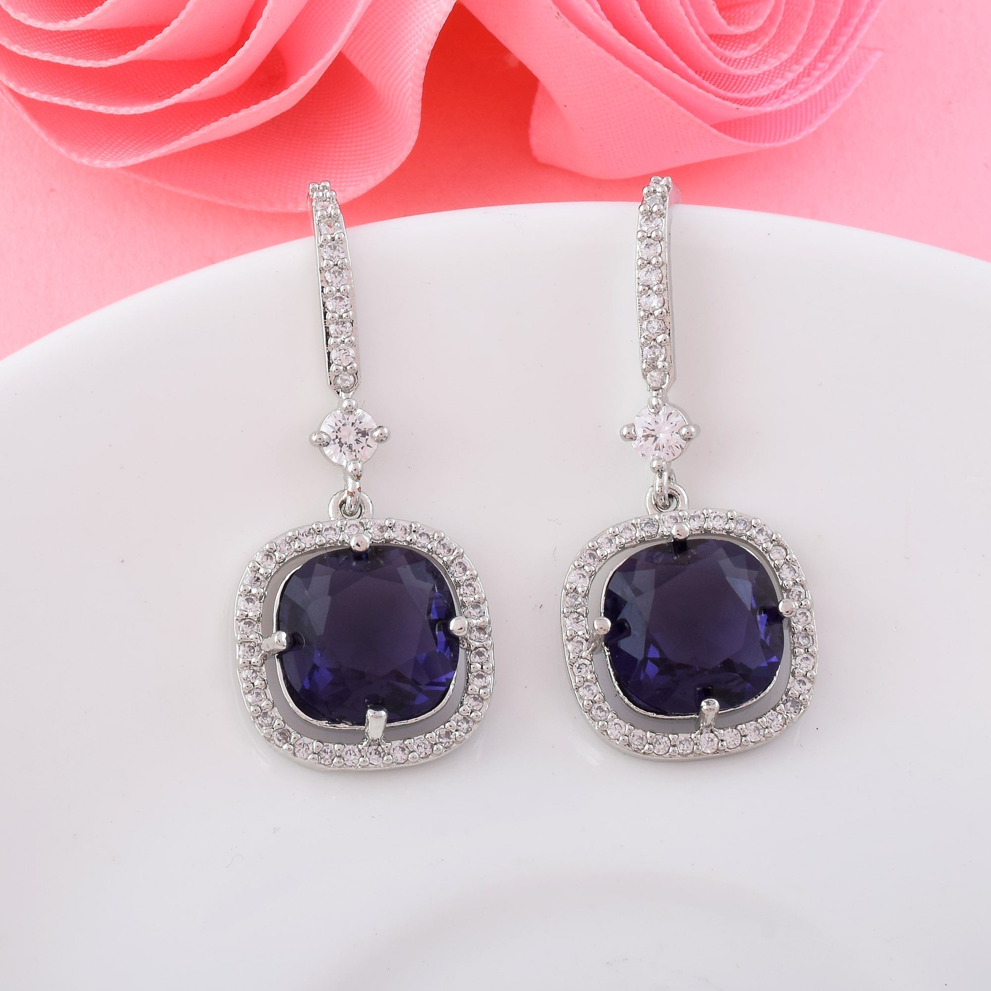 Purple Color American Diamond Earrings With Shiny Teardrop Sparkling Design
