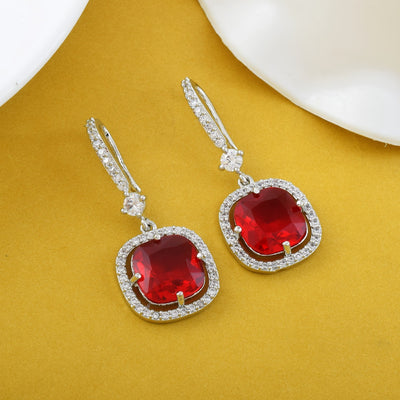 Red Color American Diamond Earrings In Twisted Loop Inspired Statement Design