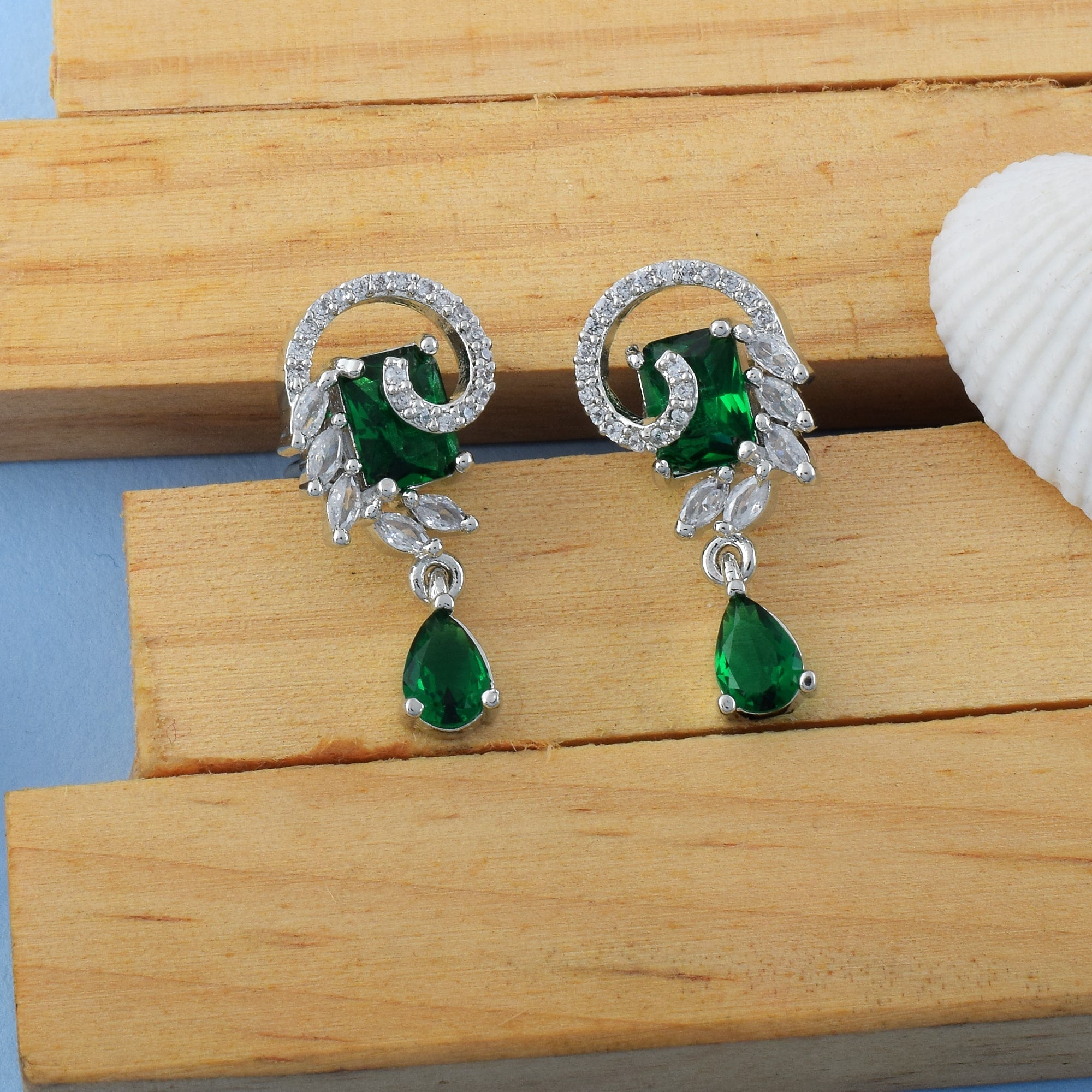 Green Color American Diamond Earrings With Antique Motif And Gem Finish