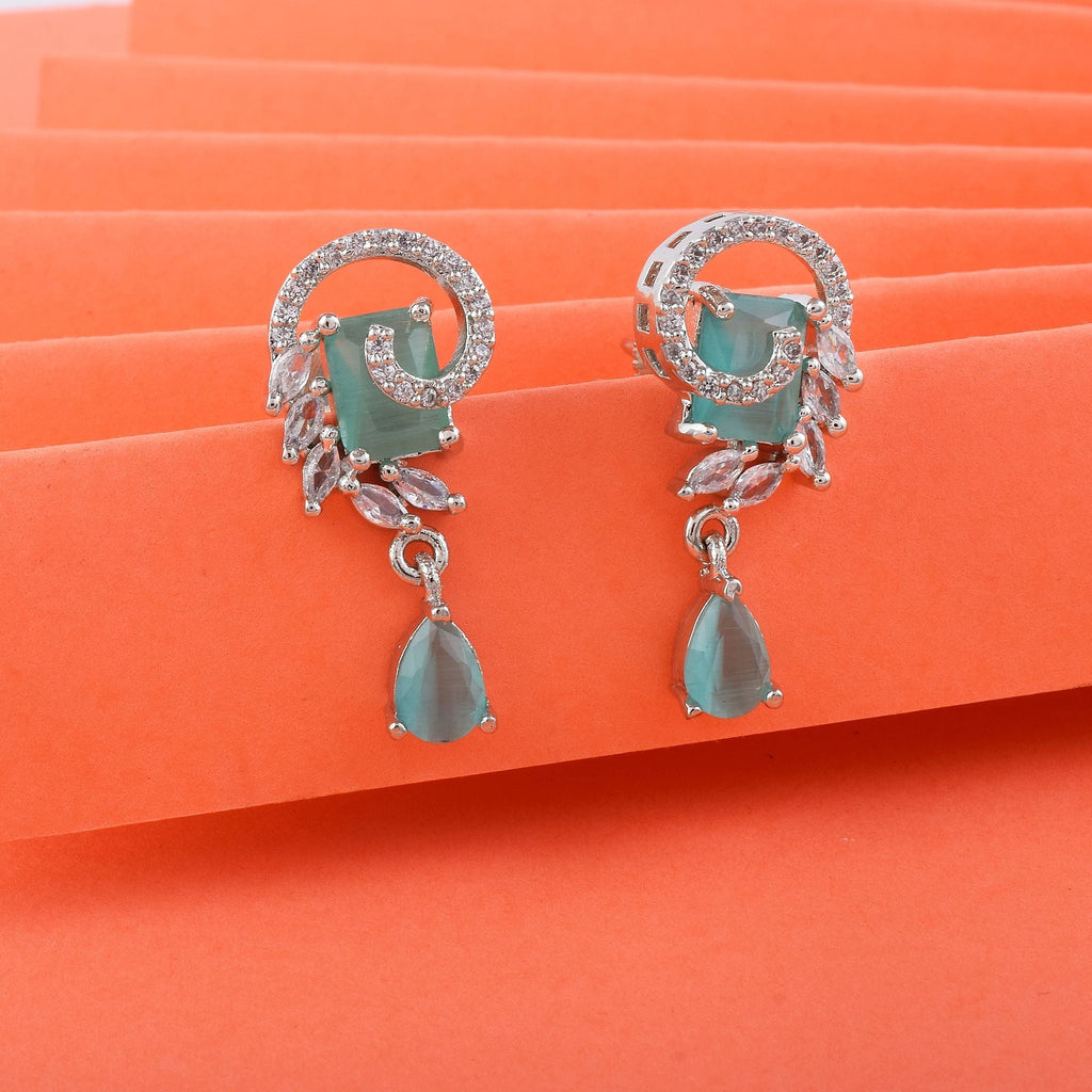 Rama Green Color American Diamond Earrings With Twinkle Round Dangling Gem Look