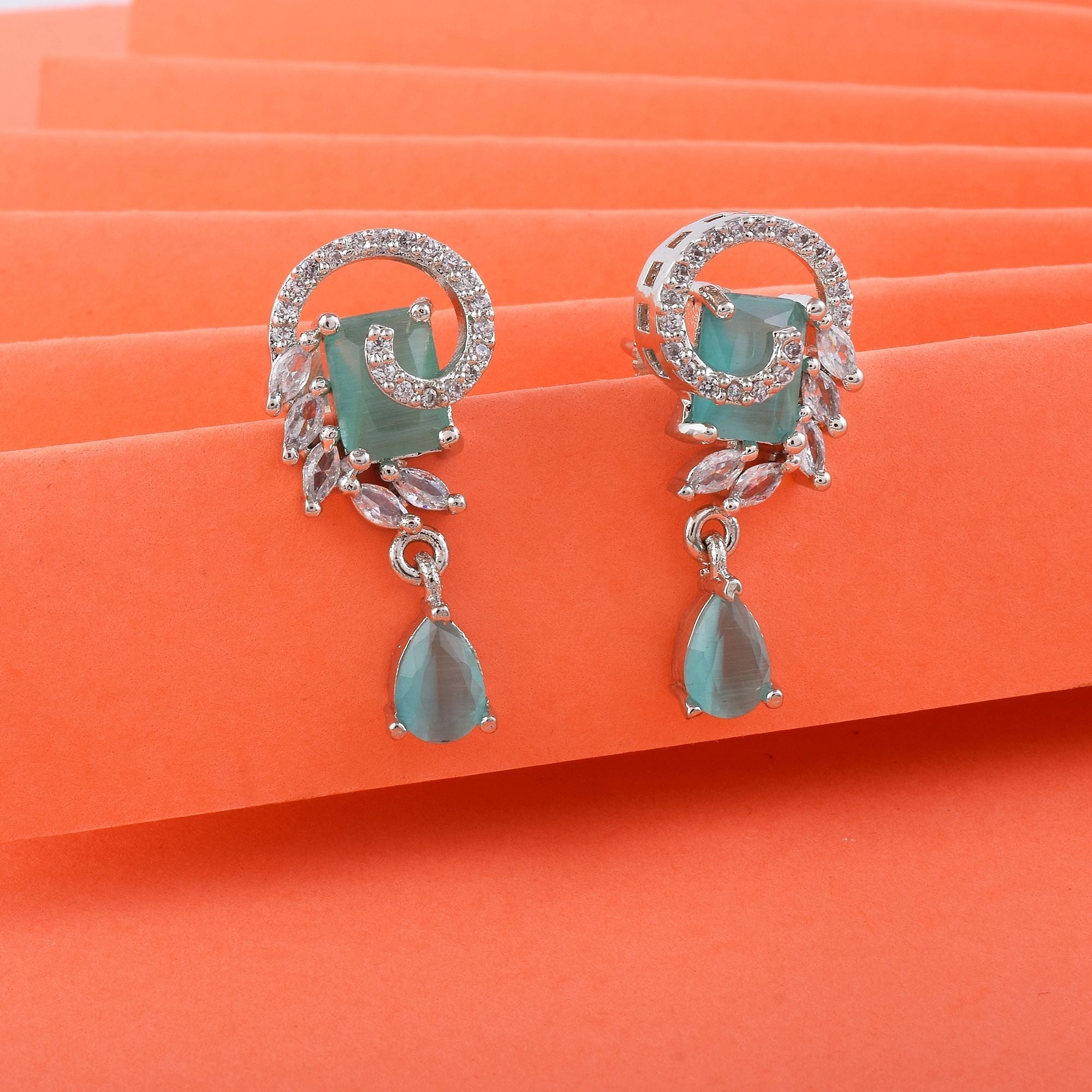 Rama Green Color American Diamond Earrings With Twinkle Round Dangling Gem Look