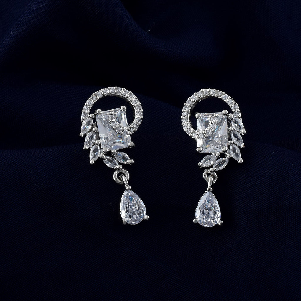 Silver Color American Diamond Earrings With Twinkle Round Dangling Gem Look