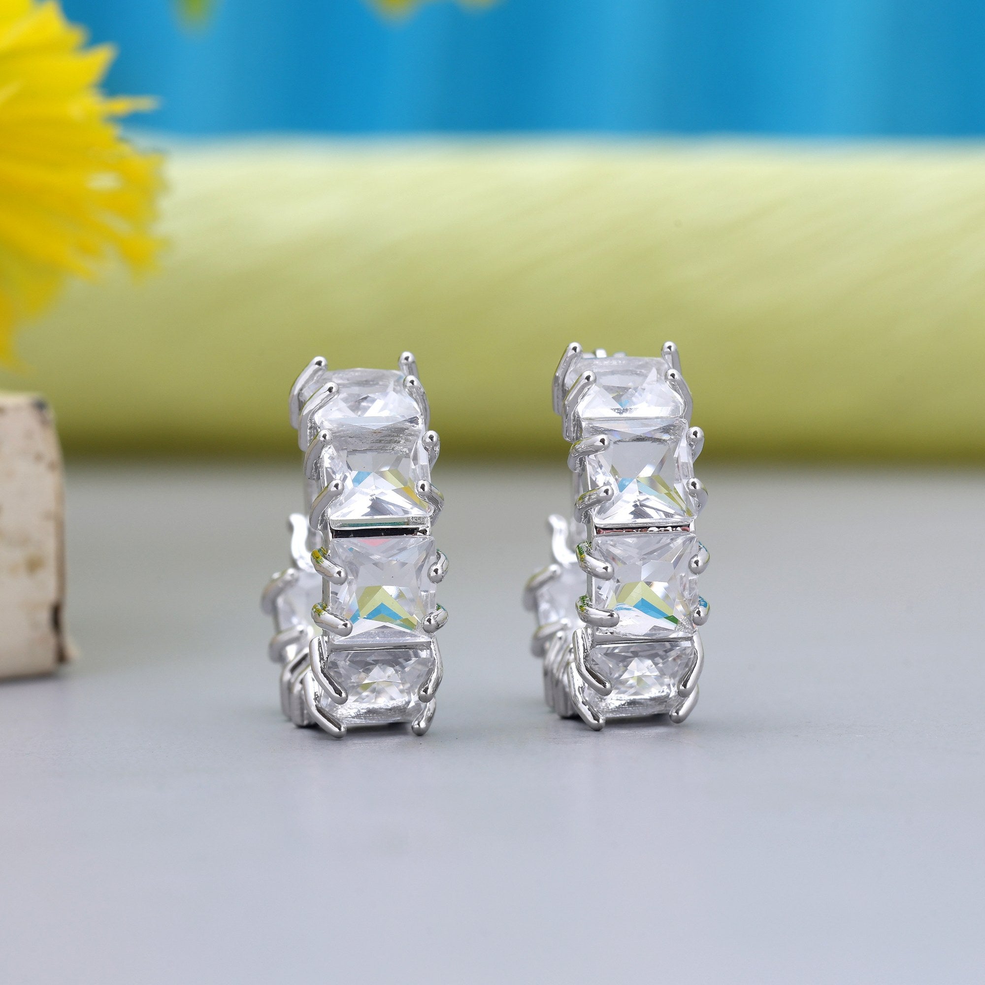 Silver Color Elegant Shiny Finish American Diamond Earrings For Wedding Outfits