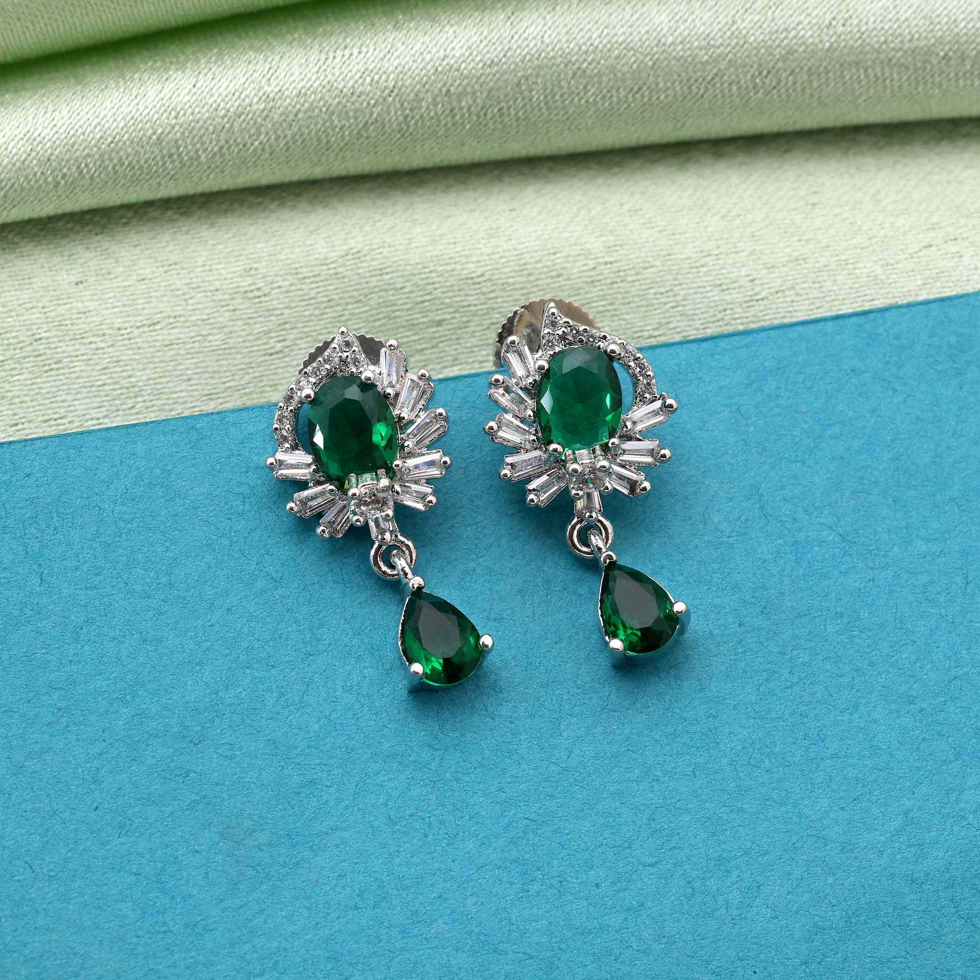 Green Color Shimmering Sparkle American Diamond Earrings For Traditional And Party Outfits