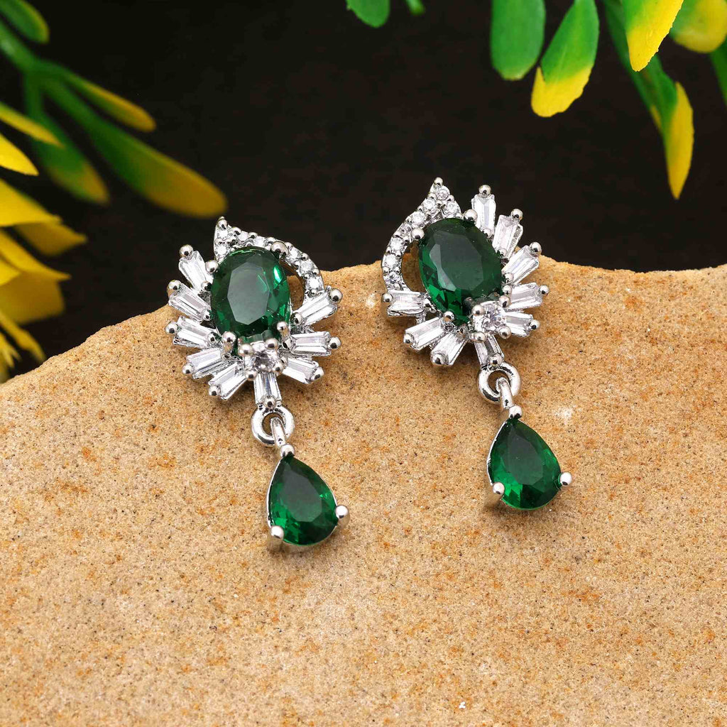 Green Color Shimmering Sparkle American Diamond Earrings For Traditional And Party Outfits
