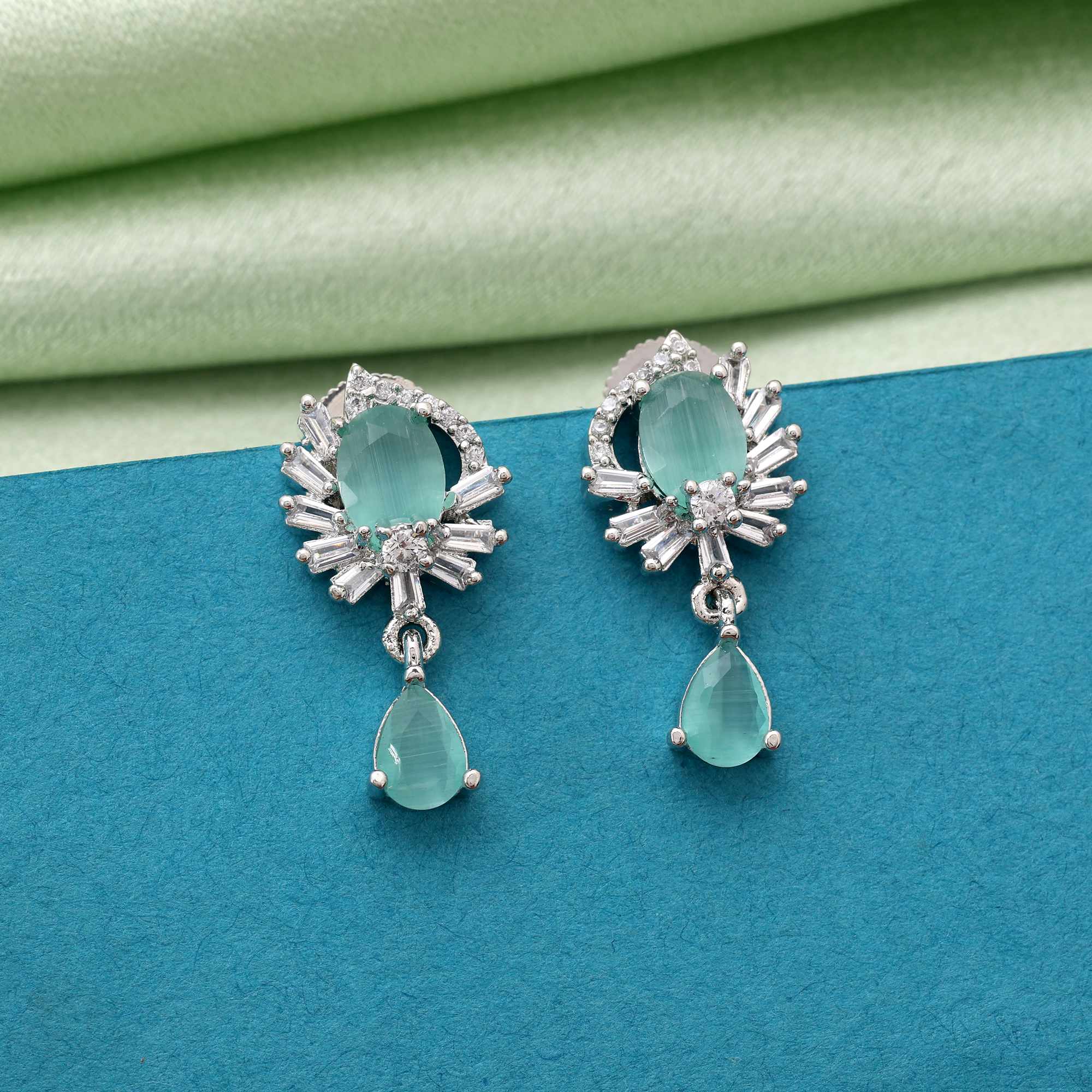 Pista Green Color Stylish Stone American Diamond Earrings For Brides And Fashion Lovers