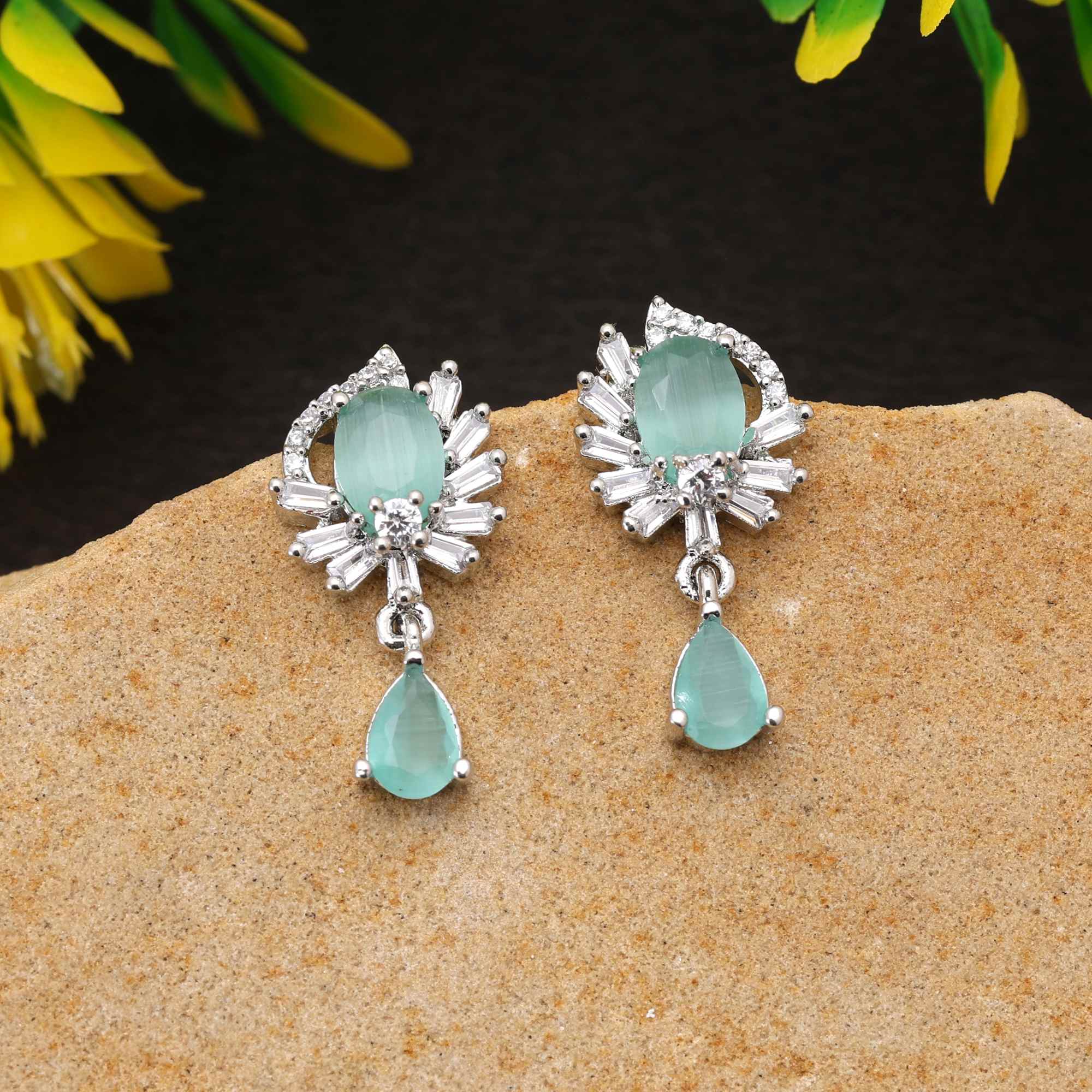 Pista Green Color Stylish Stone American Diamond Earrings For Brides And Fashion Lovers