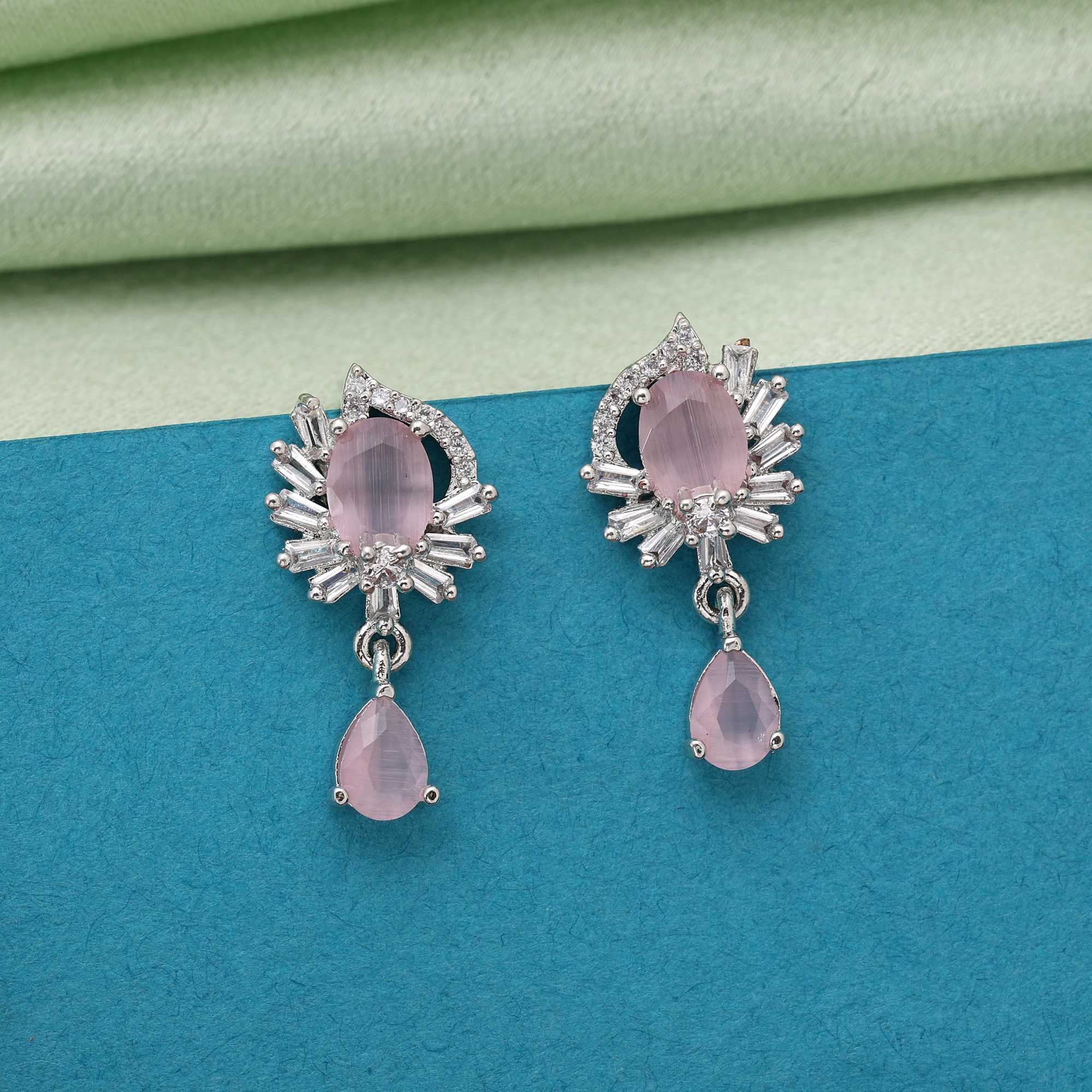 Pink Color Beautiful Designer American Diamond Earrings For Wedding And Festive Look