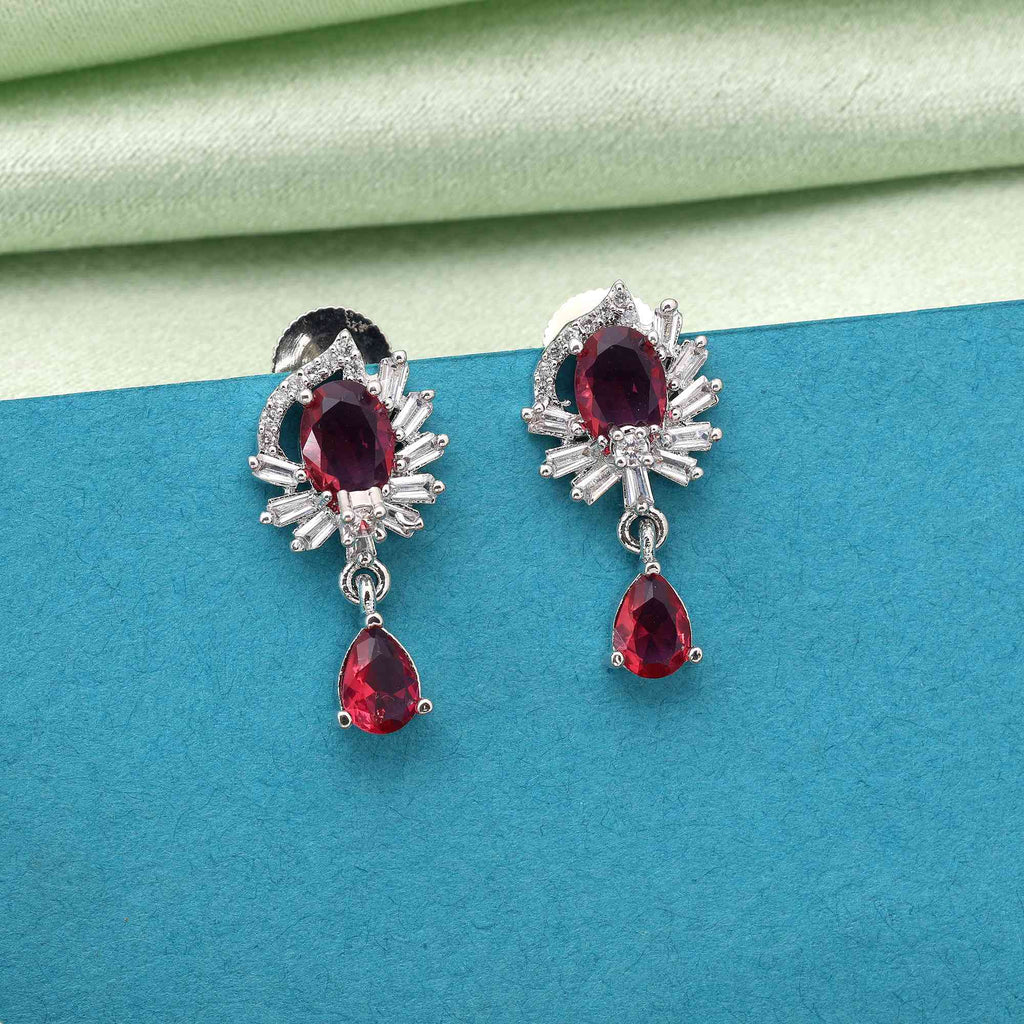 Ruby Color Radiant Designer American Diamond Earrings For Bridal And Party Collection