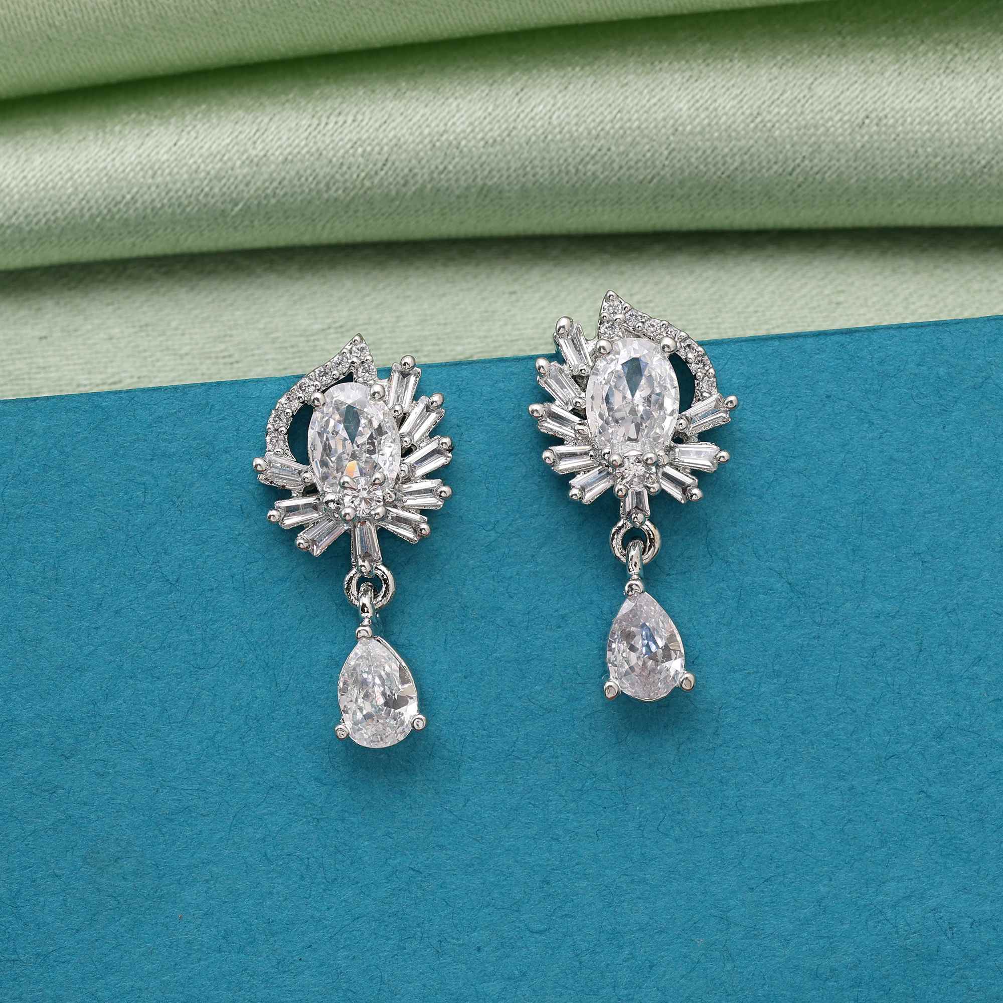 Silver Color Elegant Sparkling American Diamond Earrings For Women And Party Wear