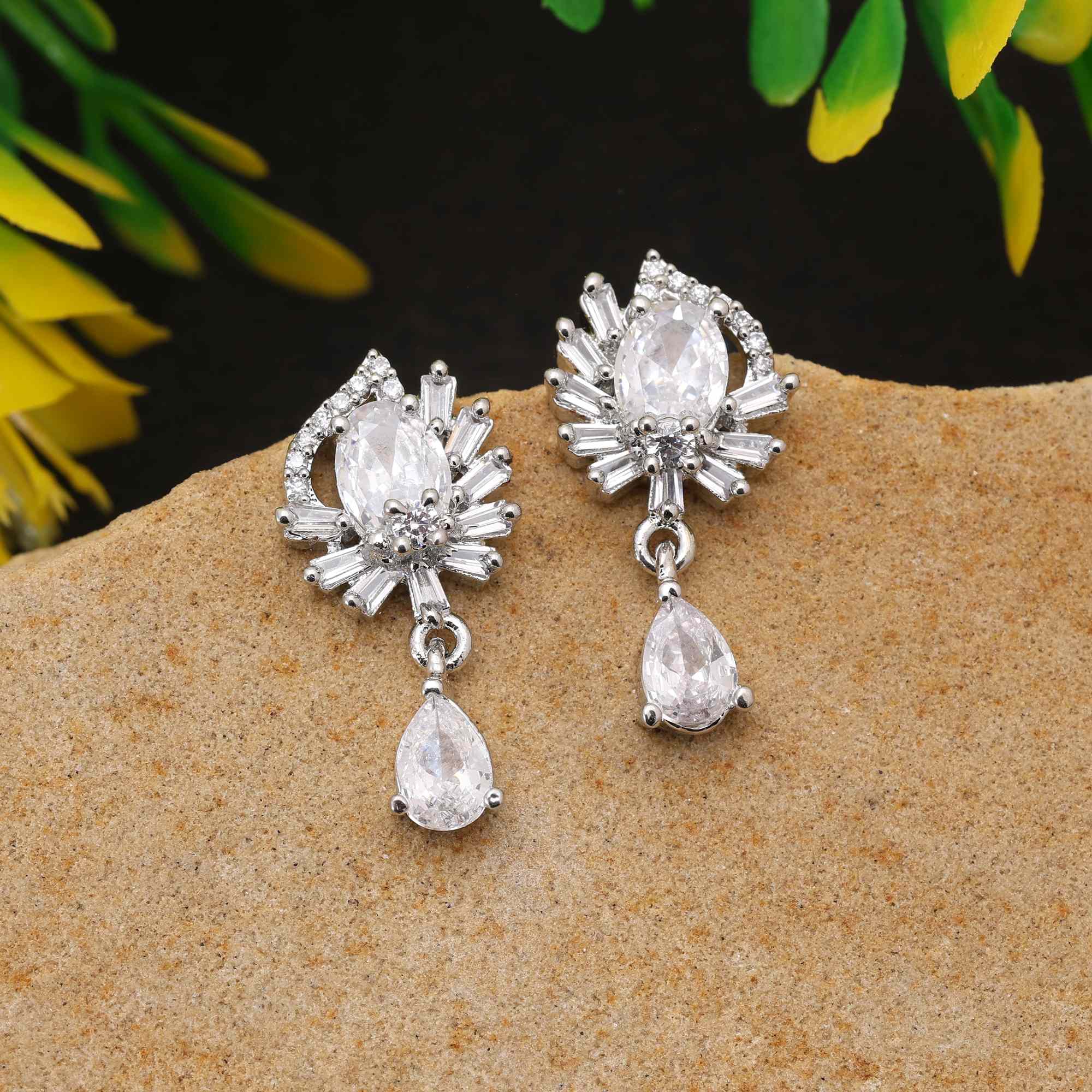Silver Color Elegant Sparkling American Diamond Earrings For Women And Party Wear